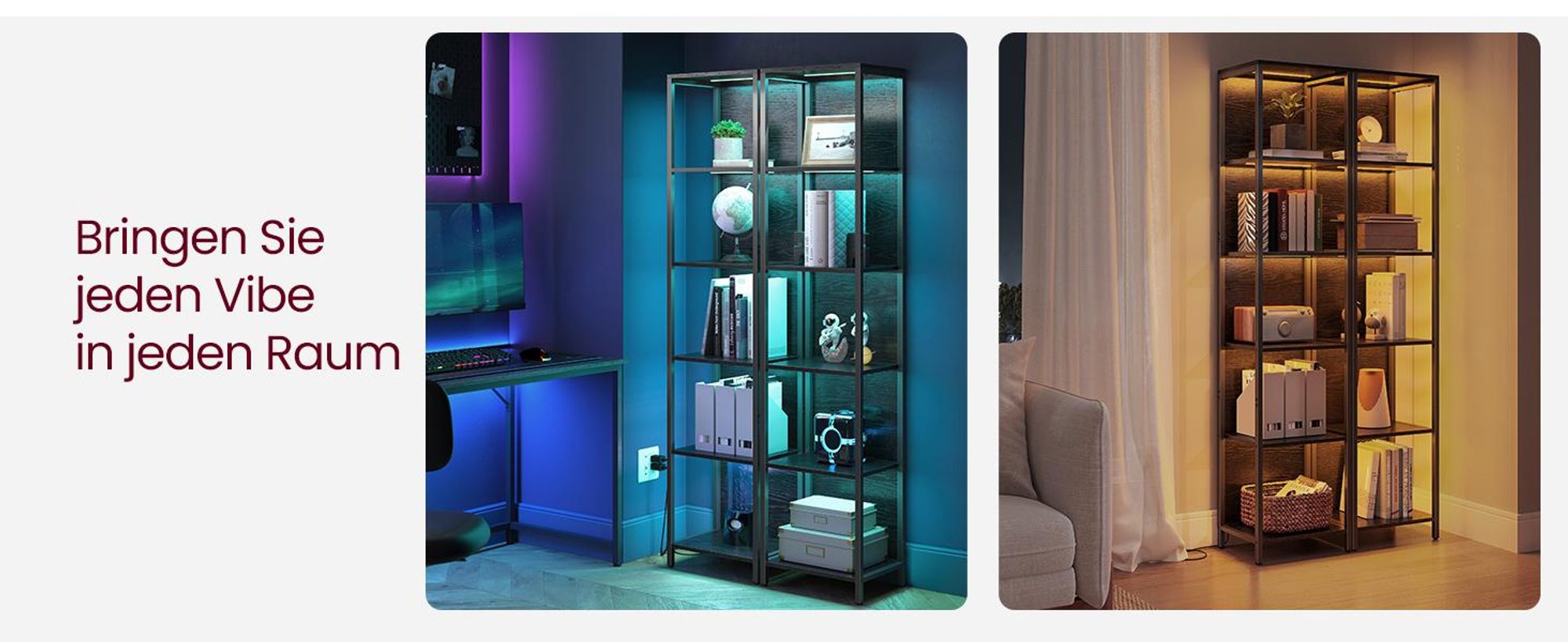 VASAGLE Bücherregal mit 6 Ebenen, Standregal mit einstellbarer LED-Beleuchtung, Regal mit Stahlrahmen, 30,3 x 40/60 x 178,6 cm, für Wohnzimmer