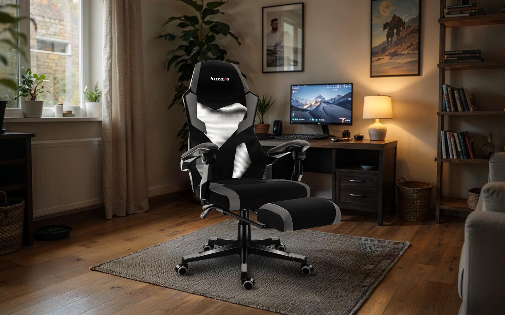Huzaro Combat 3.1 Grau Gaming Stuhl mit Fußstütze, FlexiBack Neigung 135°, ergonomisch, atmungsaktiv, Kopfstütze, Armlehnen, bis 150 kg, verstellbar