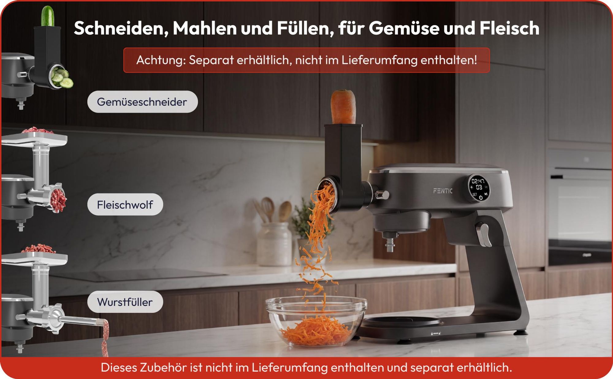 Fentic Küchenmaschine 1800W, 7L Edelstahl-Rührschüssel, Knetmaschine für Brotteig & Pizzateig, Planetenrührwerk, 10 Stufen Timer & Spritzschutz