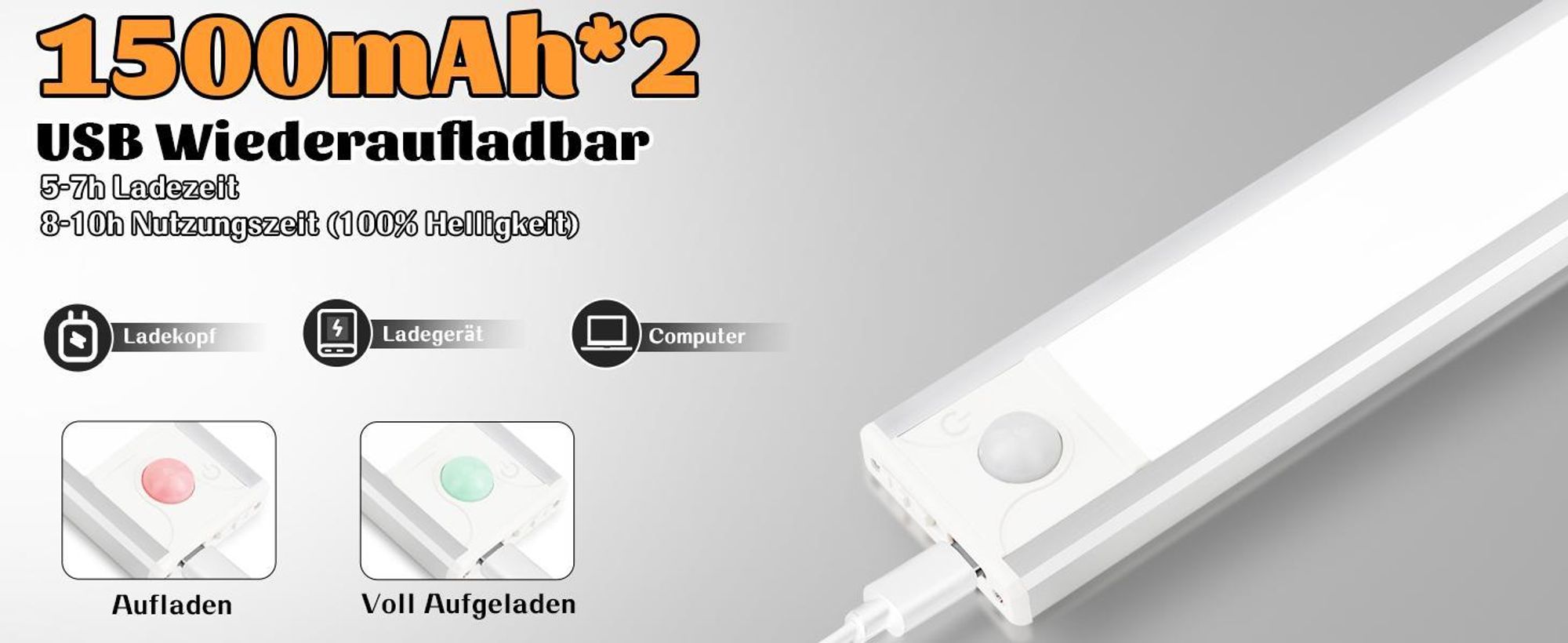 ZMH Unterbauleuchte mit Bewegungsmelder Dimmbar Schrankleuchte USB Küche Led 40CM Schrankbeleuchtung 3 Farbtemperatur  Wiederaufladbar Lichtleiste