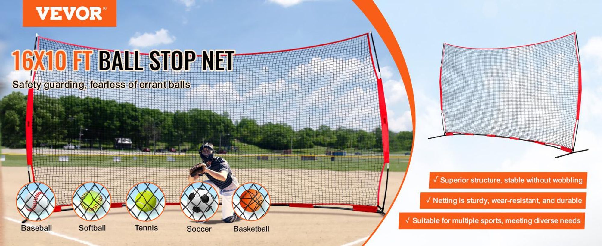 VEVOR Barricade Backstop Netz, 7x7 ft Ball Sport Barriere Netz, Tragbare Übungsgeräte mit Tragetasche, Schutzschirm für Baseball Softball Lacrosse Fußball Hockey Training, für den Garten