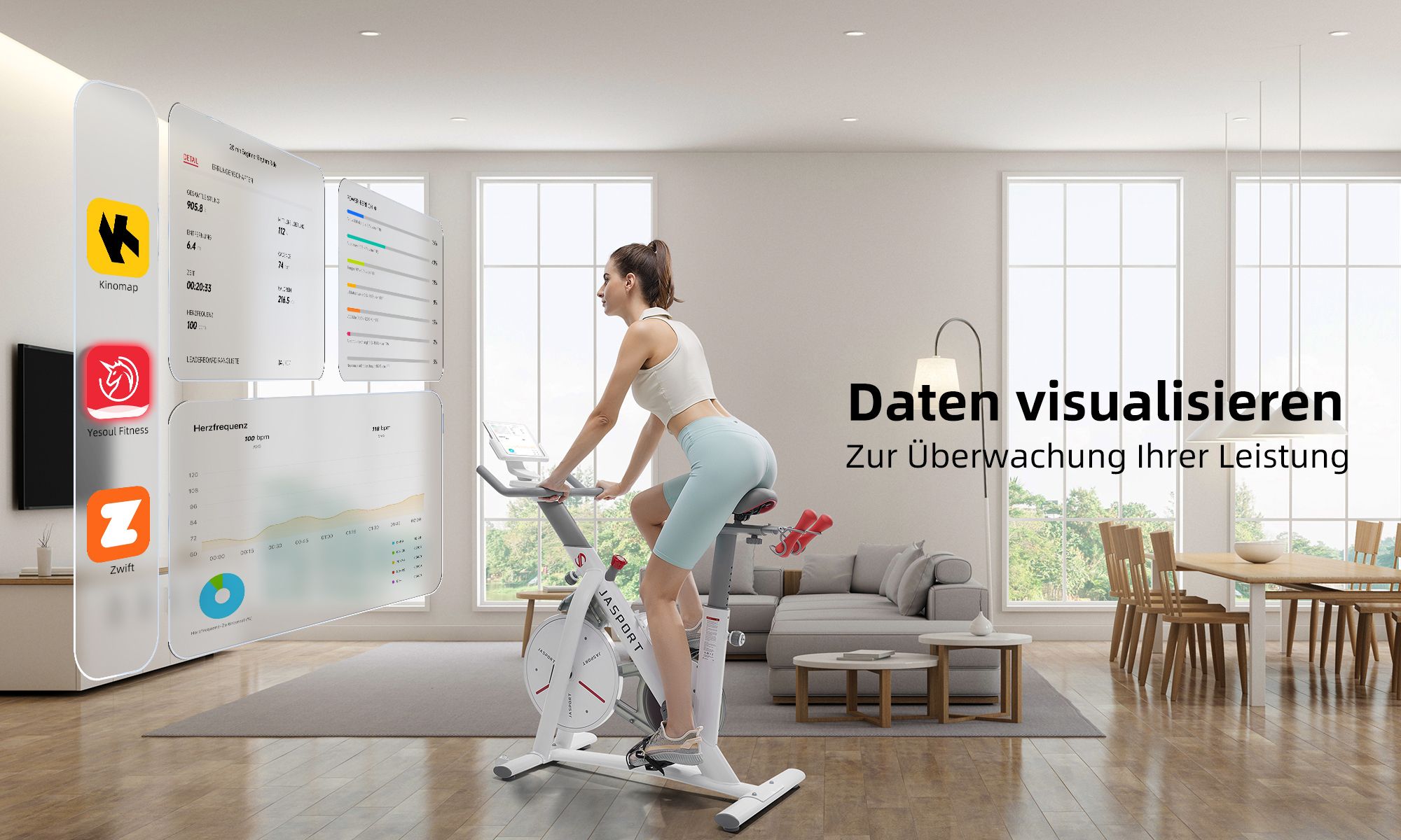 JASPORT Smart Indoor Speedbike S3, leiser Heimtrainer mit Magnetbremssystem, kompatibel mit Kinomap & Zwift, App mit Trainingskursen