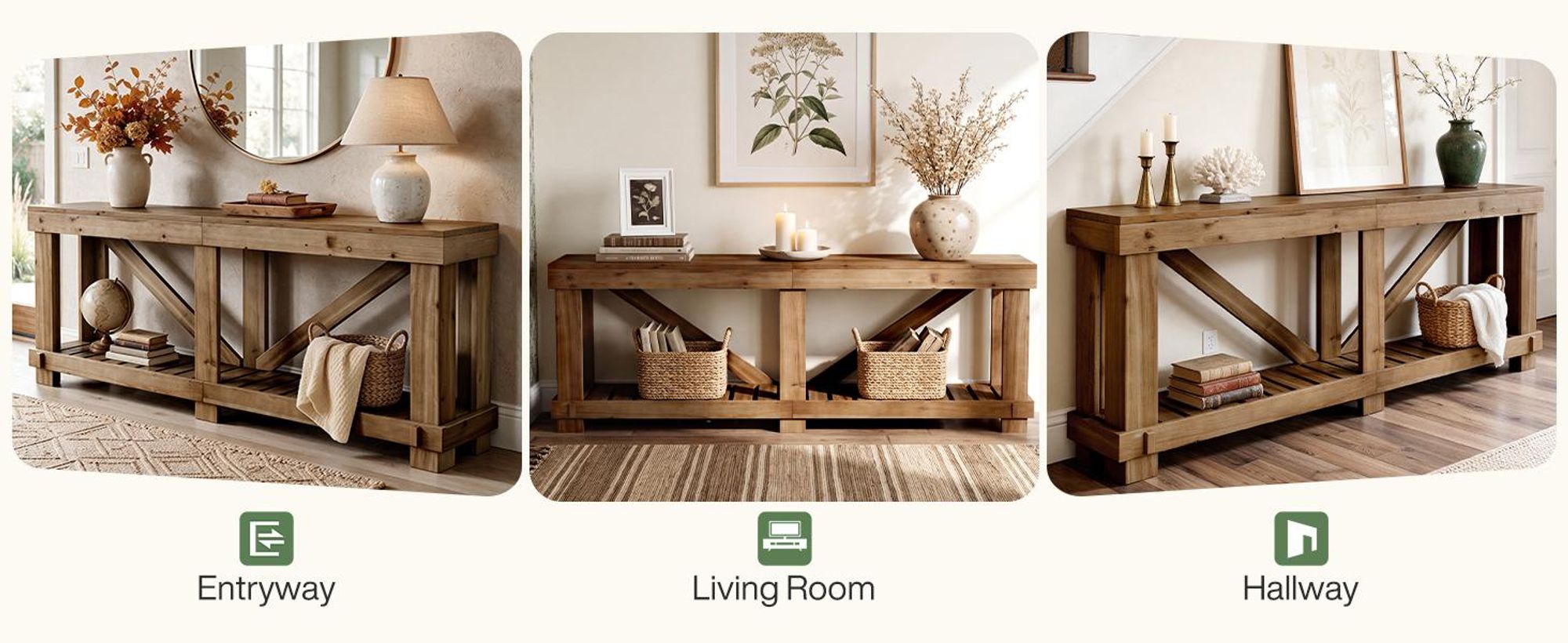 200 cm Konsolentisch aus Massivholz, extra langer, zweistöckiger Flurtisch, Schmaler Sofa-Beistelltisch im Landhausstil mit offener Ablage