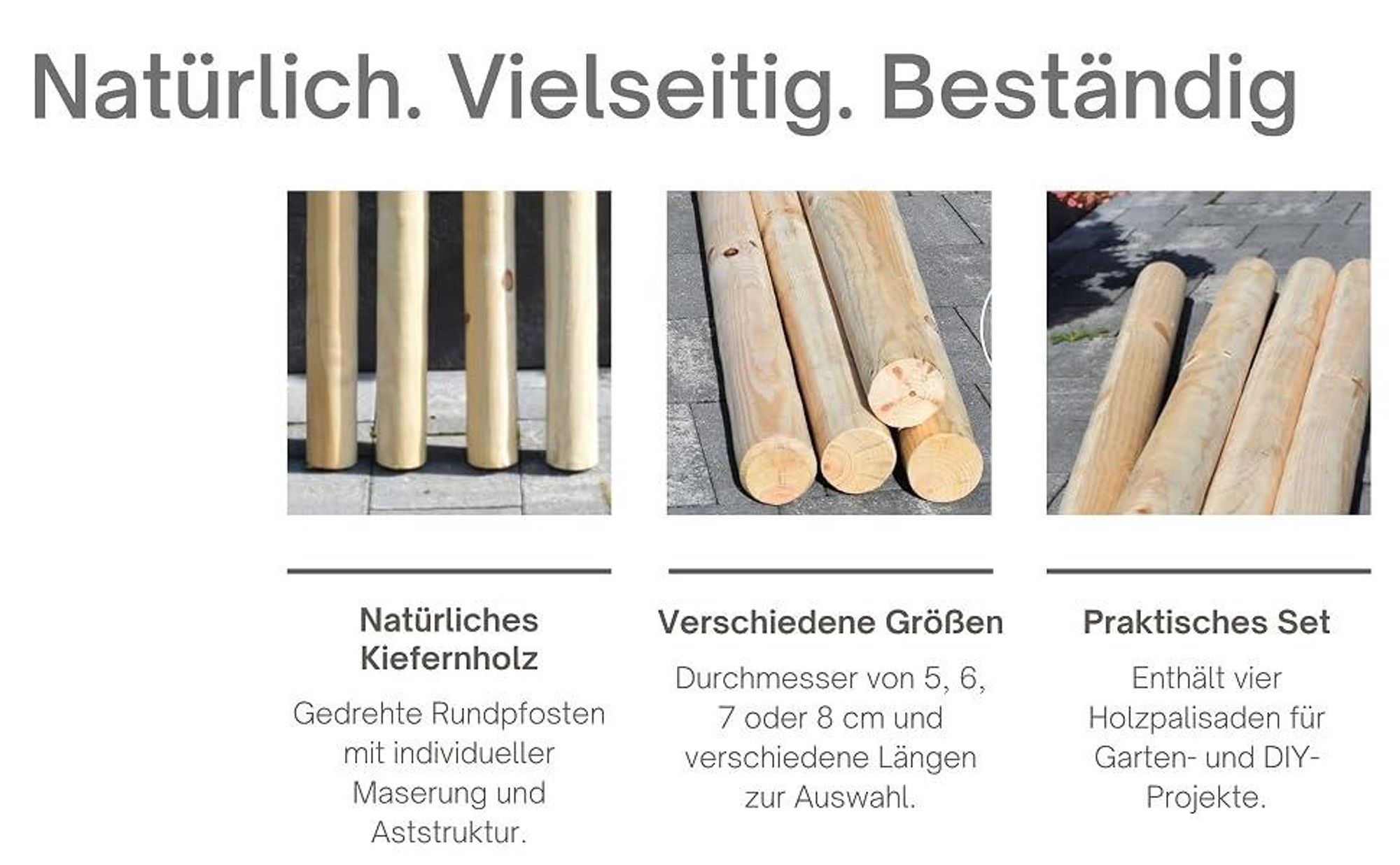 TIMBERMIK Holzpalisaden Ø 6x240 cm 4er-Set Beidseitig Gefast Unbehandelt Kiefernholz Nicht Imprägniert Ohne Spitze