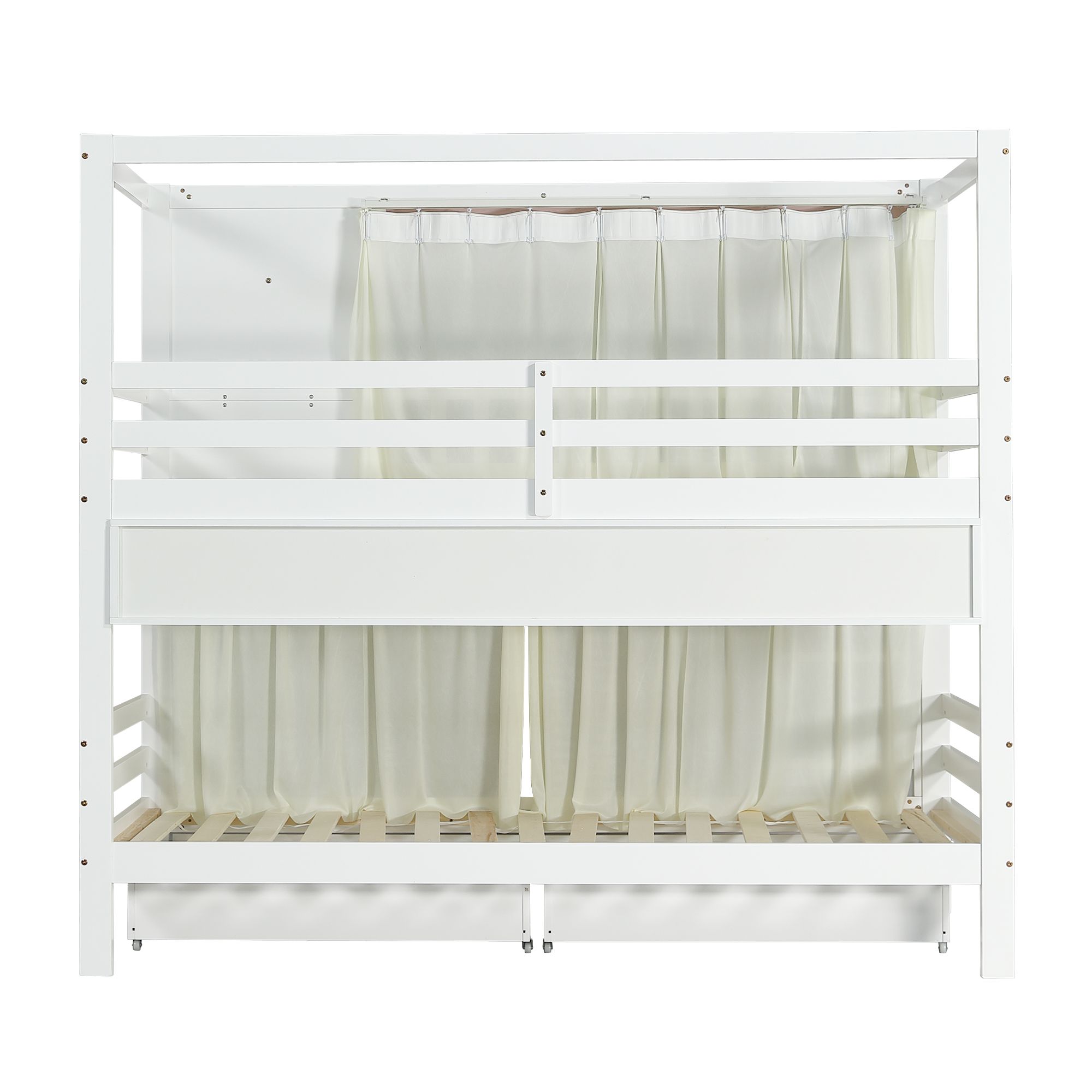 Flieks Etagenbett 90x200cm mit 2 Schubladen & Bettvorhang, Kinderbett Hausbett mit Regal, Hochbett mit Lattenrost und Leiter, Stockbett Holzbett, Weiß