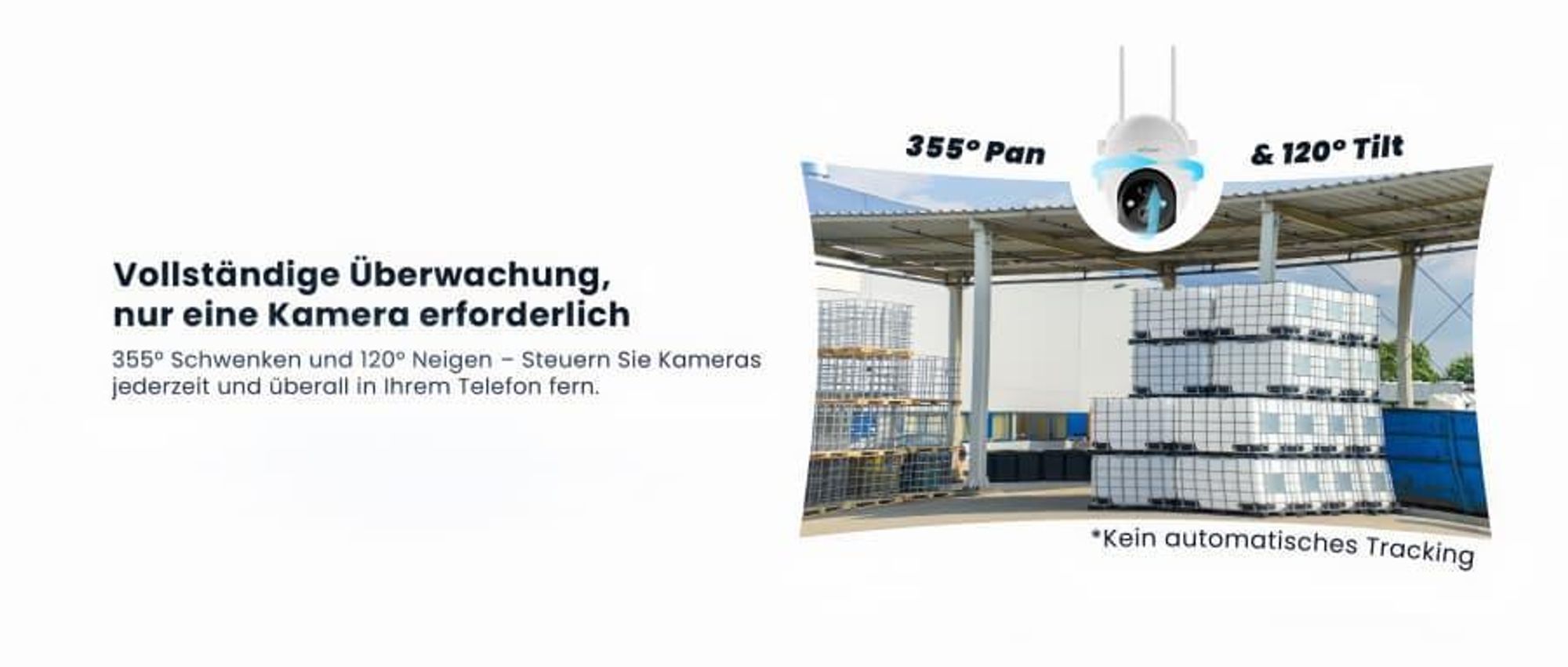 Diese PTZ Solar-Kamera ist horizontal um 355° und vertikal um 90° schwenkbar und 4 fachen Digitalzoom.