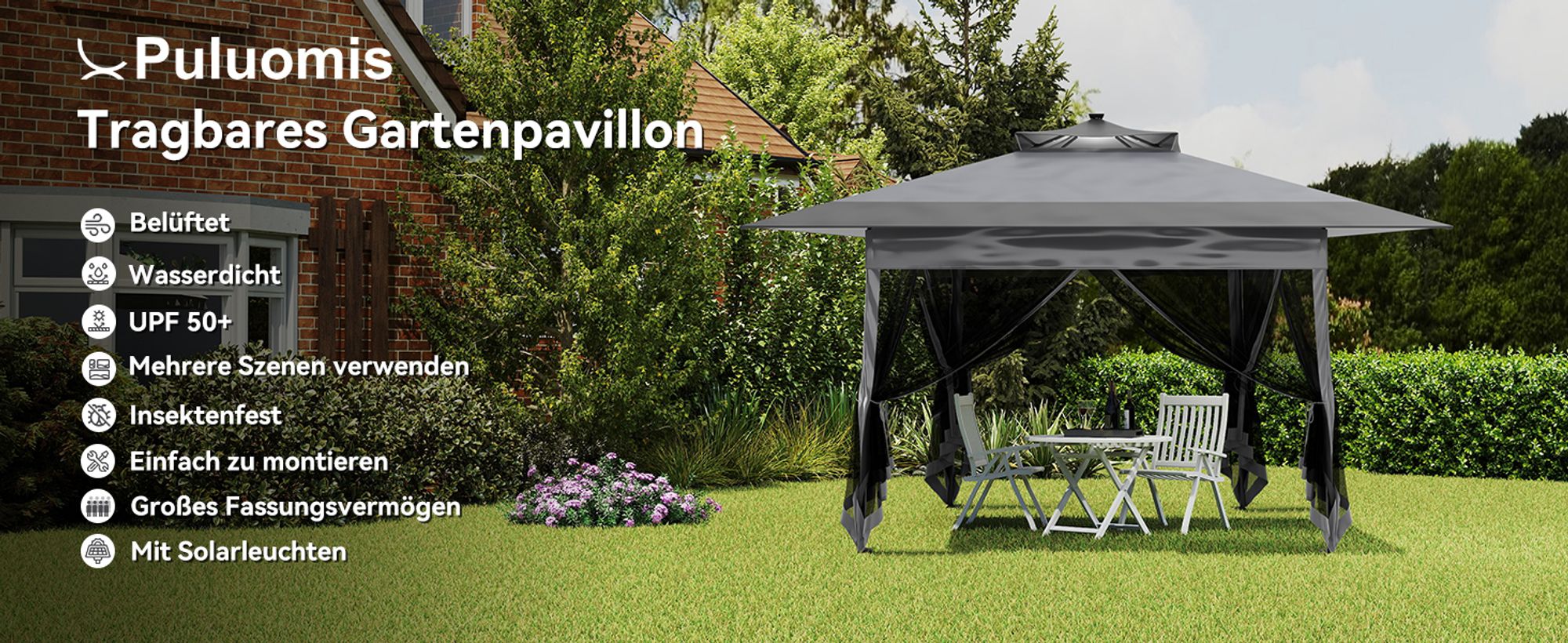 Puluomis Faltpavillon mit Sonnenkollektor Gartenpavillon Pop Up 3.6 x 3.6m Pavillon Faltbar Wasserdicht Gartenzelt, UV-Schutz 50+ grau