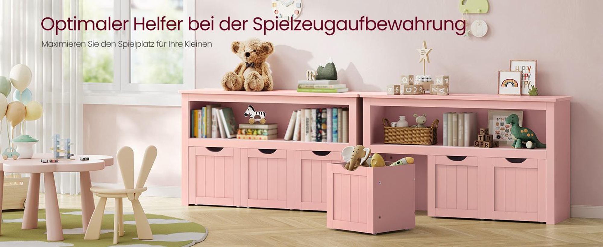 VASAGLE Spielzeugregal mit Rollen, Aufbewahrungsschrank, 30 x 102 x 60 cm, rosa