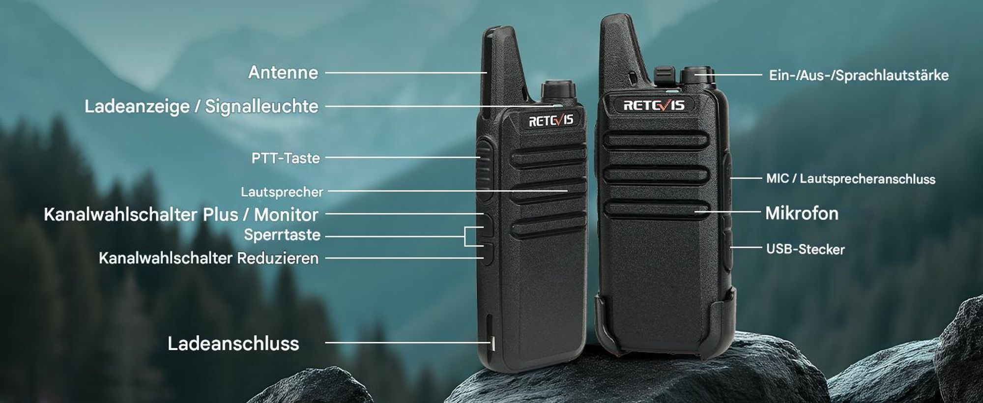 Retevis RT622 Walkie Talkie, Wiederaufladbares Mini-Radio, VOX, tragbar, Großer Reichweite mit Ohrhörer, für Familienausflüge, Wandern, Skifahren