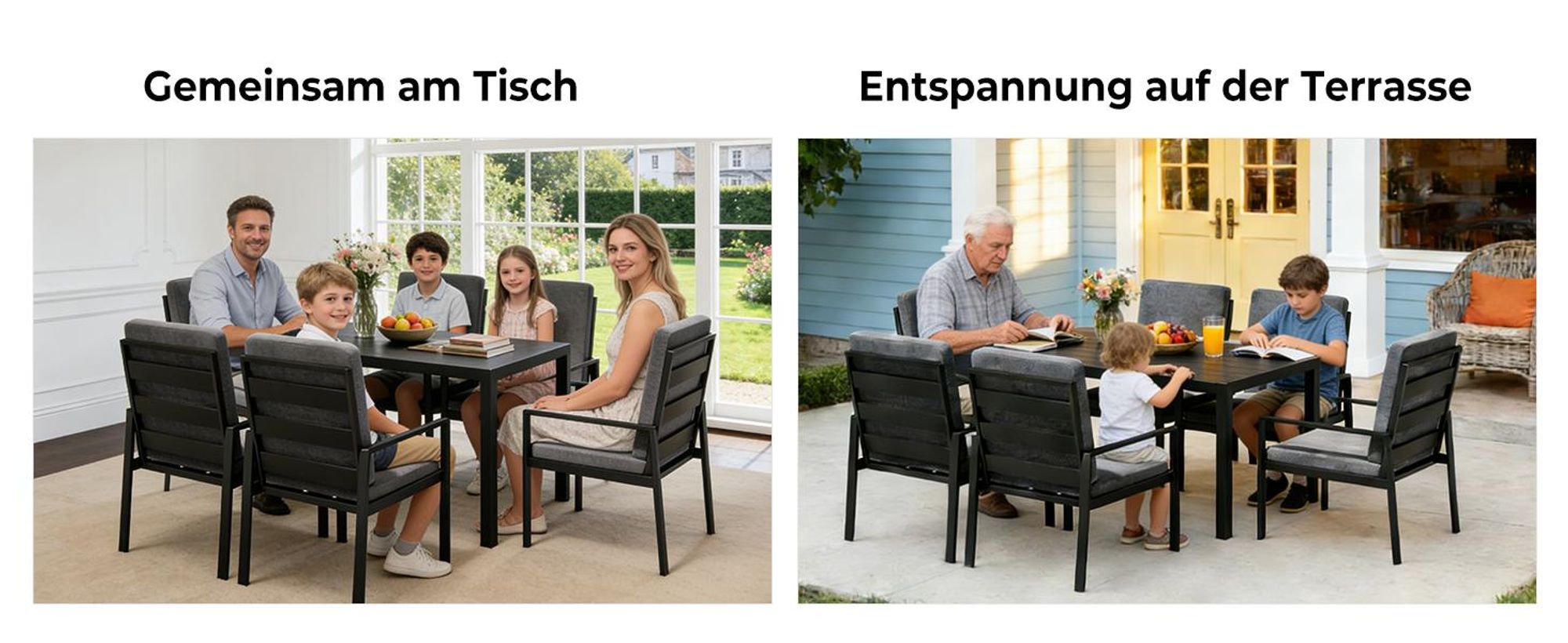 MeXo Gartenlounge-Set Gartenmöbel Set Aluminium 6 Personen, wetterfeste Garten-Essgruppe mit dicke Kissen & Esstisch 140x80x70cm, Outdoor Indoor Möbel