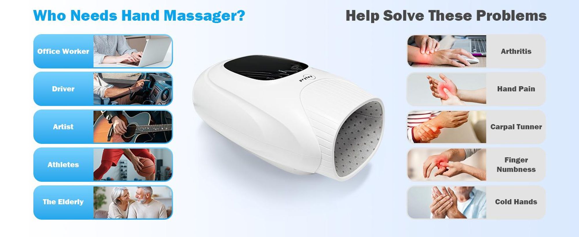 Handmassagegerät mit Wärme-, Kompressions- und Vibrationsfunktion, 2 Vibrationsmodi, 6 Massageprogramme, 6 Intensitätsstufen