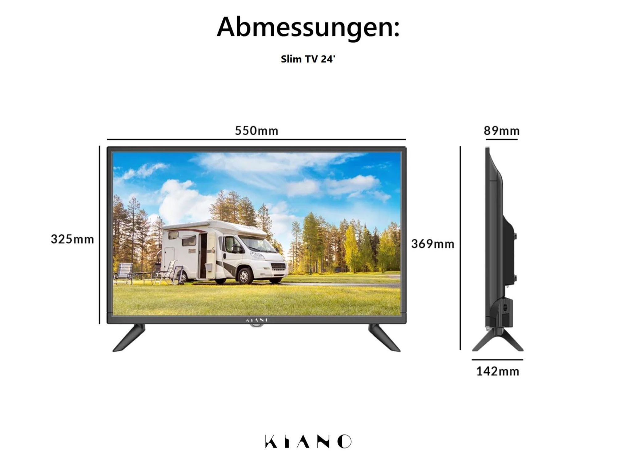 Kiano Slim TV Travel Fernseher 24" Zoll | LED HD TV - Matrix | Auto-Ladegerät | HDMI USB | Dolby Audio | Triple Tuner DVB-T2 | Schwarz