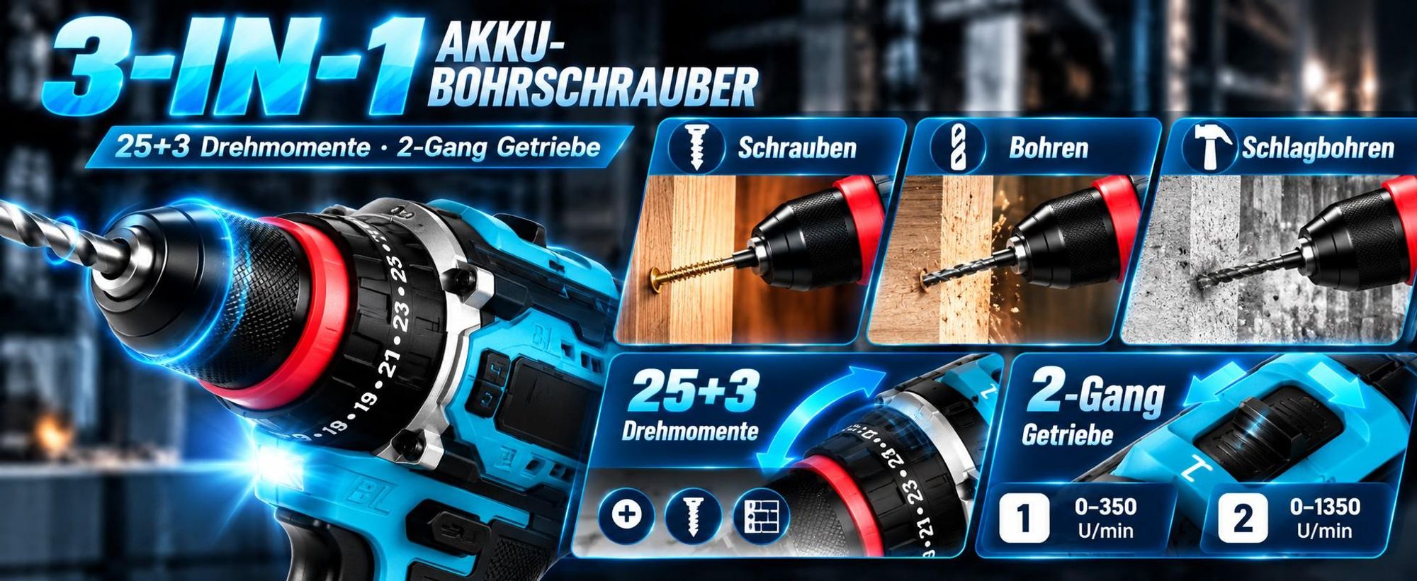 3-in-1 Akku-Schlagbohrschrauber 21V Brushless, 60Nm, 2×2,0Ah Akkus, 25+3 Drehmomentstufen, 2-Gang, 10 mm Bohrfutter, LED, Koffer
