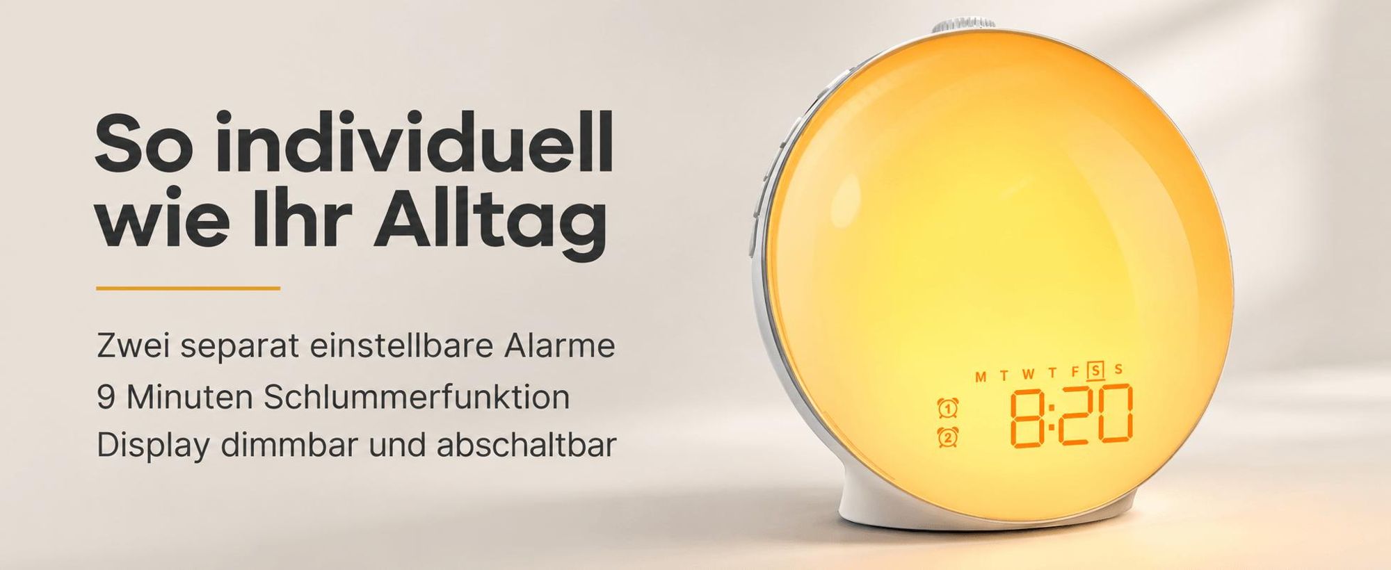 Tageslicht Wecker Licht,Wecken Sie das Licht auf,Sonnenuntergangssimulation,9 Farbe Licht 20 Helligkeit Nachtlampe,Rotationstaste,Dualer Alarmmodus
