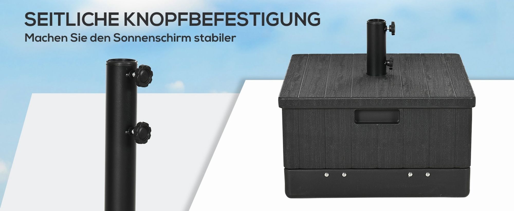 Outsunny Sonnenschirmständer bis 80 kg Sand befüllbar 3-in-1 Sonnenschirmfuß, Beistelltisch mit Griff, Rollen, Hochbeet, für Ø38/48 mm Schirmstangen Ständer für Garten, Balkon, Schwarz