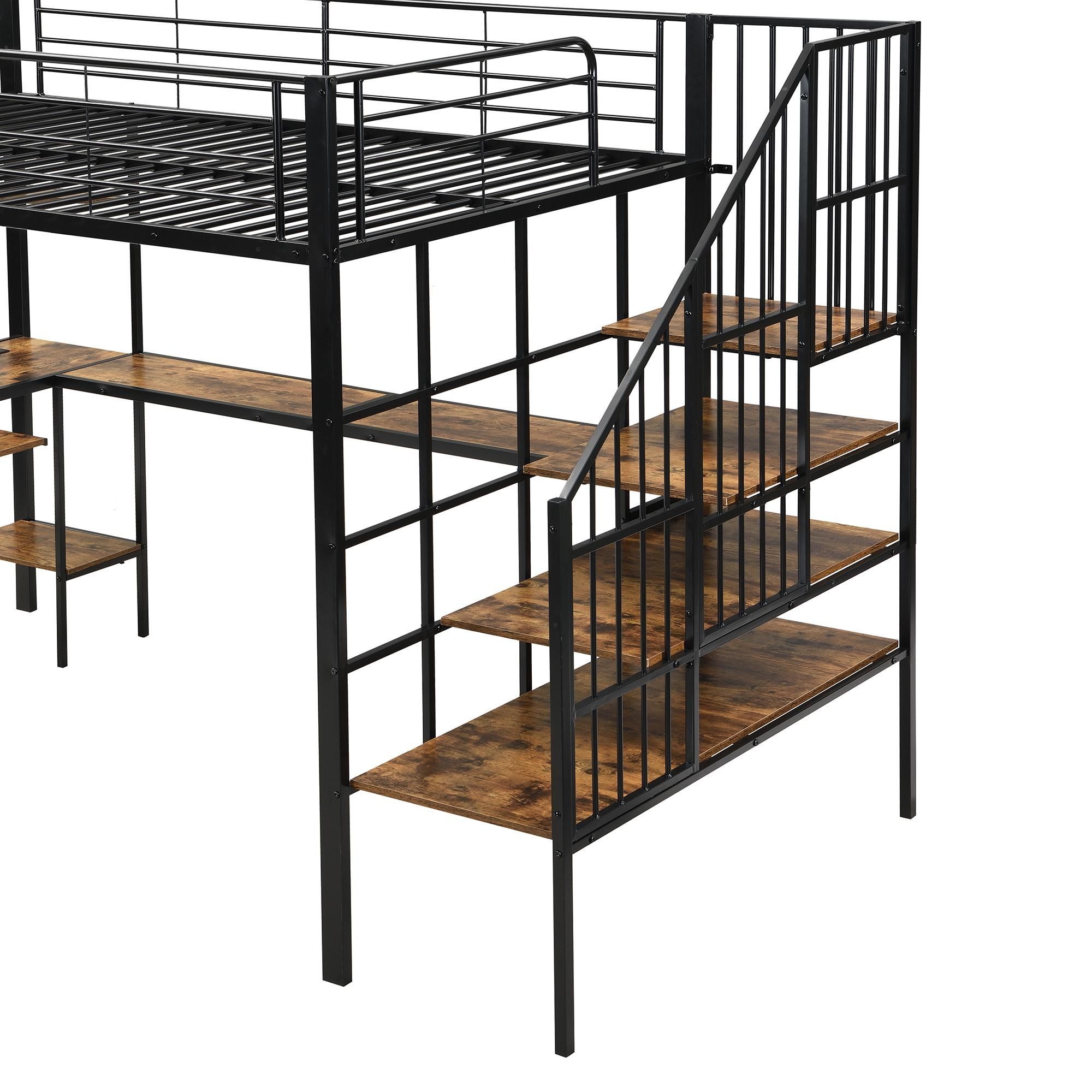 Flieks Etagenbett 120x200cm mit Schreibtisch und Ladefunktion, Jugendbett Metallbett mit Treppe und Ablagen, Kinderbett Metallbett, Schwarz