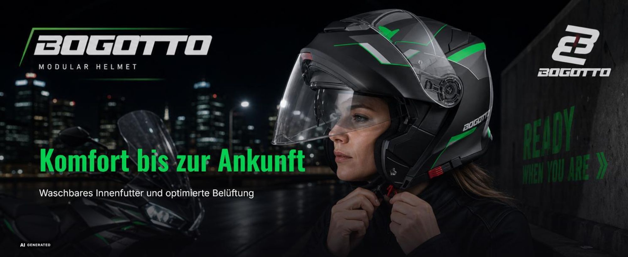 Bogotto V271 Delta Klapphelm, schwarz matt/grün, XS (53/54)