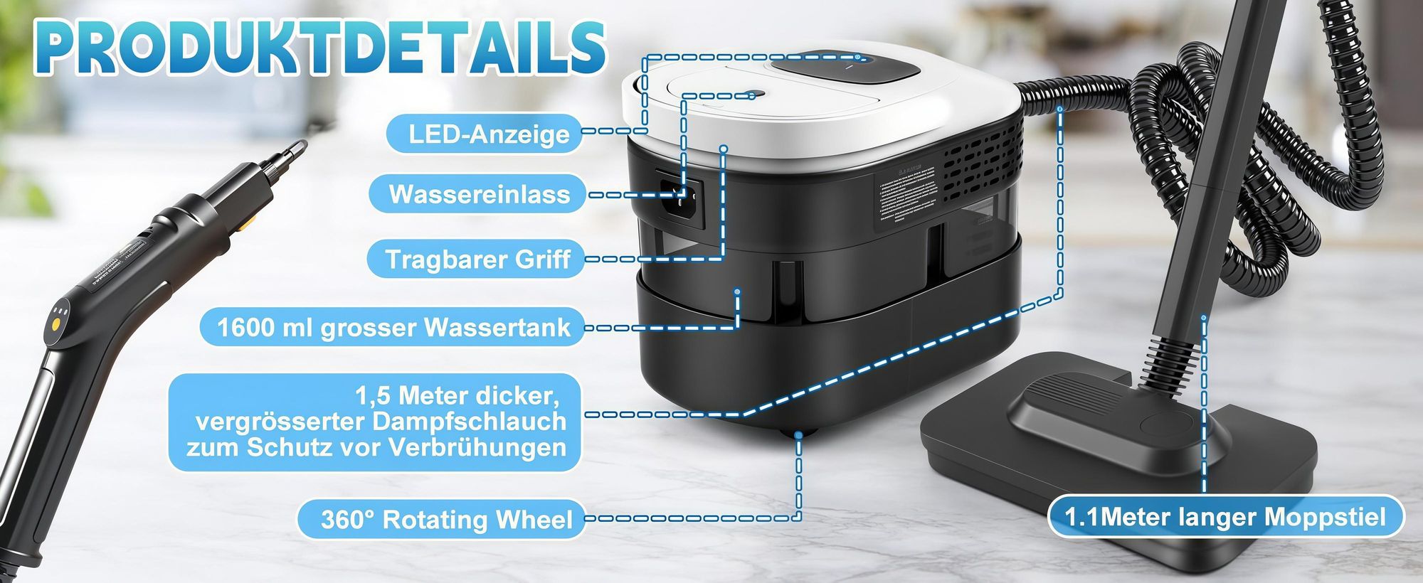 2500W Hand Dampfreiniger für alles mit 15 Zubehör, 4.5bar Dampfdruck 1,6L Tank,Mehrzweck-Dampfgarer, Tragbarer Steam Cleaner für Fenster, Küche, Boden