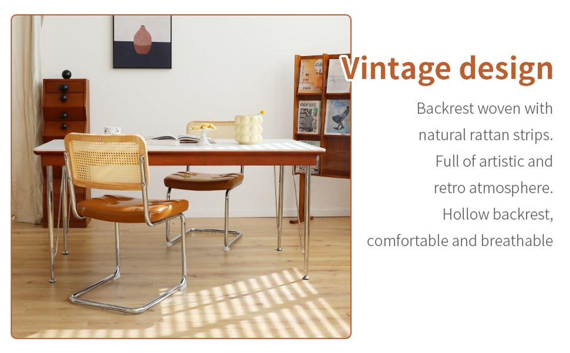 LVHOM 2er Set Freischwinger im Bauhaus Stil, Esszimmerstuhl mit Rattan-Rücken, gesteppter Kunstleder Polsterstuhl, Retro Design, Braun