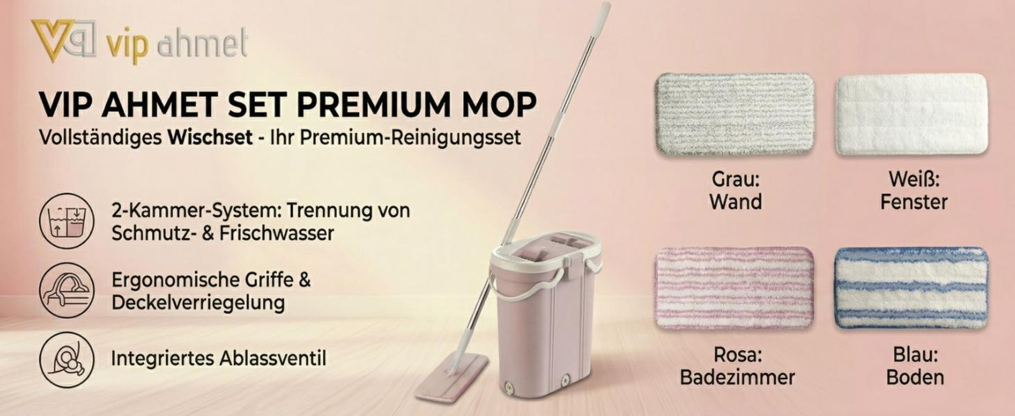 VIP Ahmet Premium Wischset mit 3-Kammer-System und 4 Mikrofasertüchern
