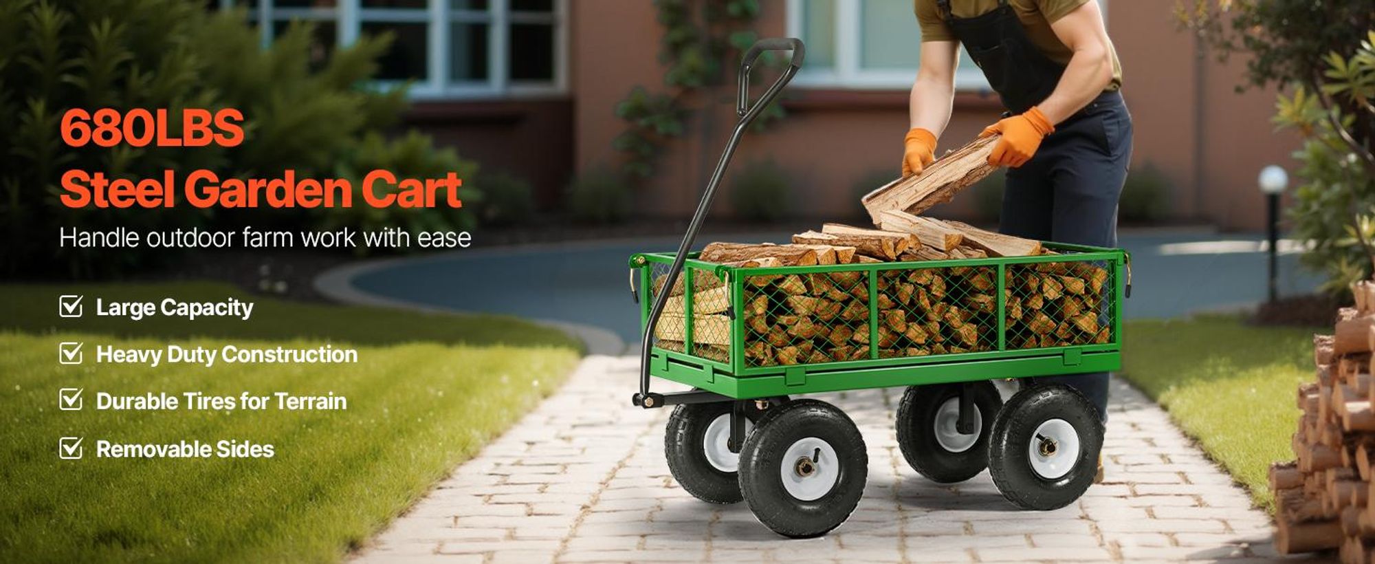 VEVOR 1200 Lbs Stahl Gartenwagen, Schwerlast Ziehbarer Gartenwagen, 2 in 1 Outdoor Metall Nutzwagen mit 13" All-Terrain Reifen, Abnehmbare Netzseiten und 180° drehbarem Griff, Grün-680 lbs