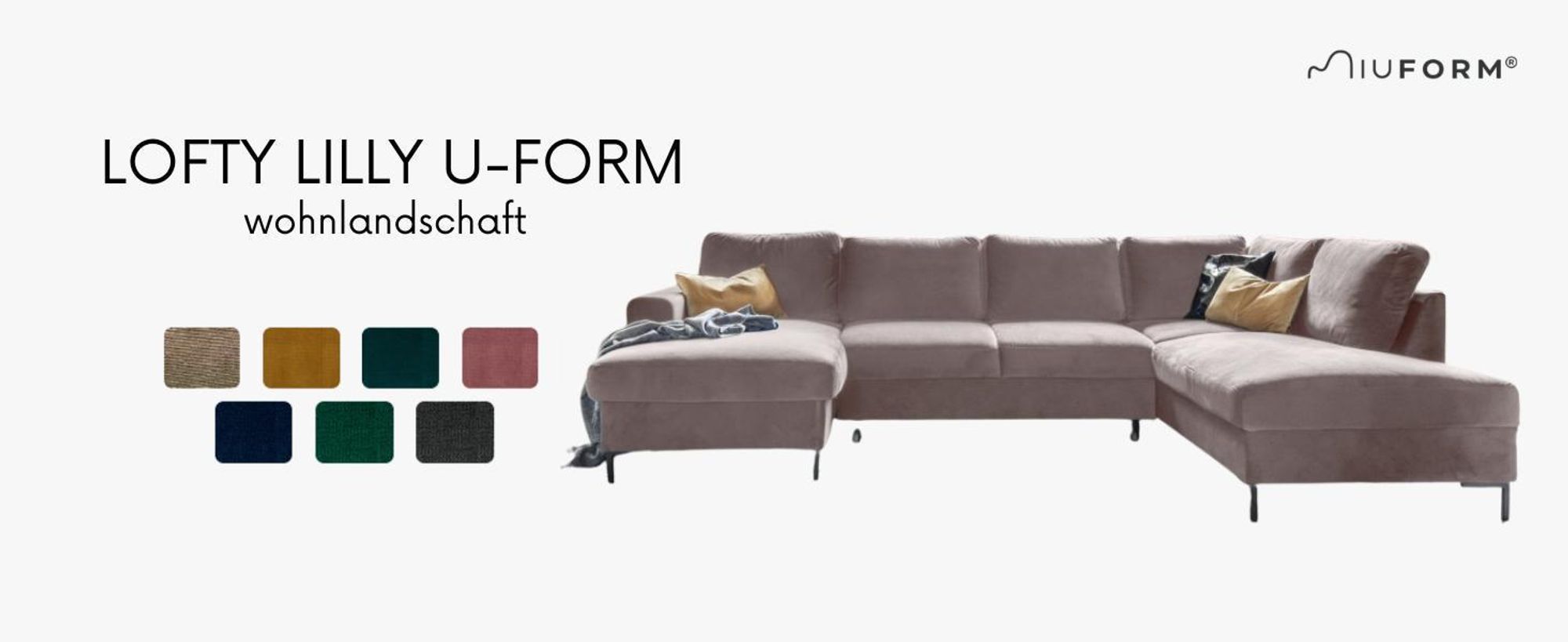 MIUFORM Lofty Lilly - Ecksofa mit Bettfunktion und Bettkasten U-FORM LINKS - 303 x 197 cm - Velours Dunkelbeige - Sofa Schlafsofa Couch
