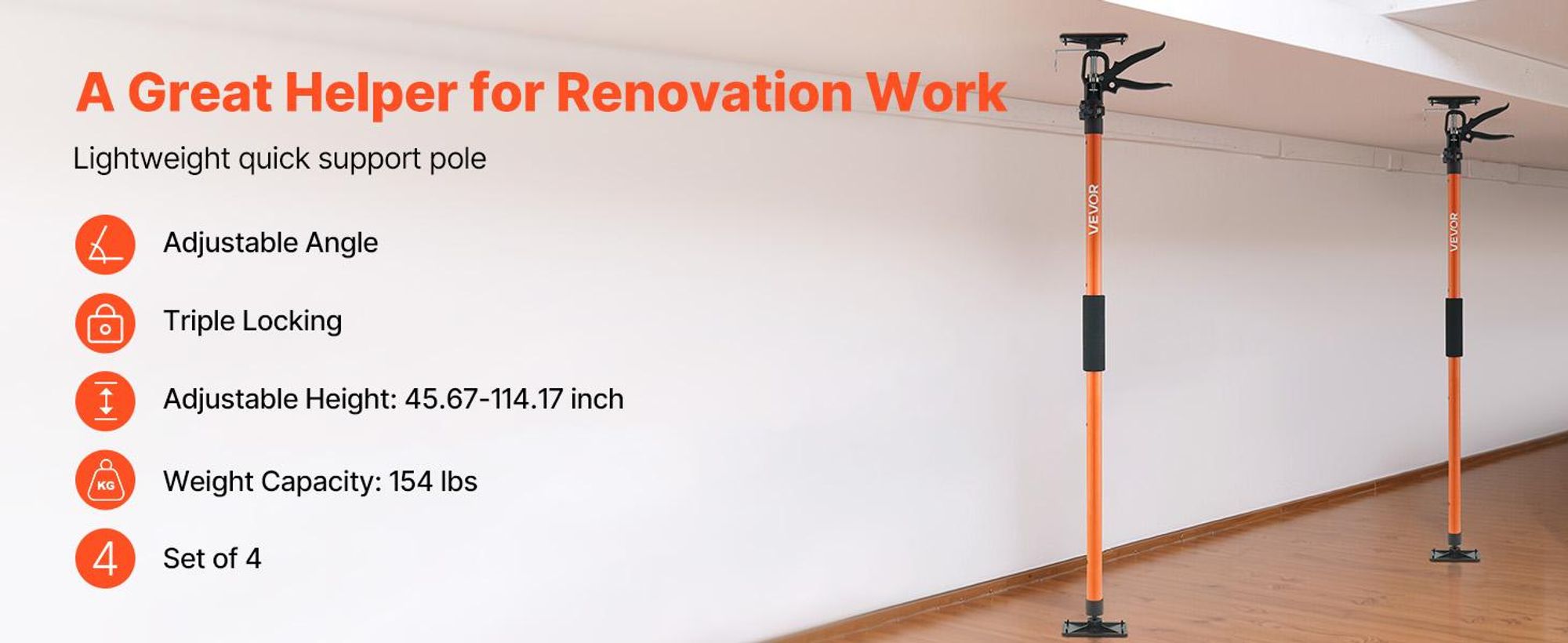 VEVOR Schrankheberstützstange, 4er-Pack, 116-290 cm Stahl Teleskop Schnellstützstange, verstellbares 3. Hand System mit bis zu 70 kg Tragfähigkeit zum Installieren von Schränken, Anheben von Trockenbau, Lastenstangen, 45-114 Zoll, 4 Stück