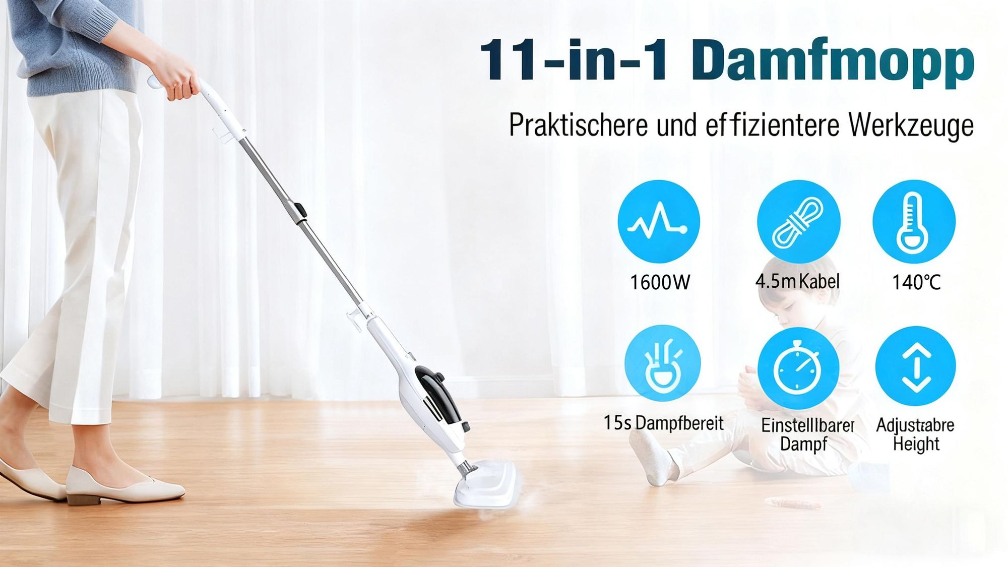 11 in 1 Dampfreiniger - 15s Aufheizung, 140°C Heißdampf, Drehbarer Kopf, Höhenverstellbar, mit 2 Wischpads für Glas, Auto, Küche, Bad, Boden, Fenster