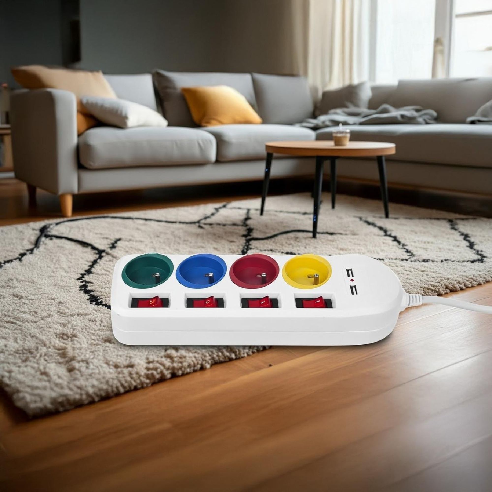 Maclean Steckdosenleiste  4-Steckdosen-Verlängerungskabel + 2xUSB  mit Schalter  250VAC/10A  2 1A 5V  1 5m  weiß  MCE229 W