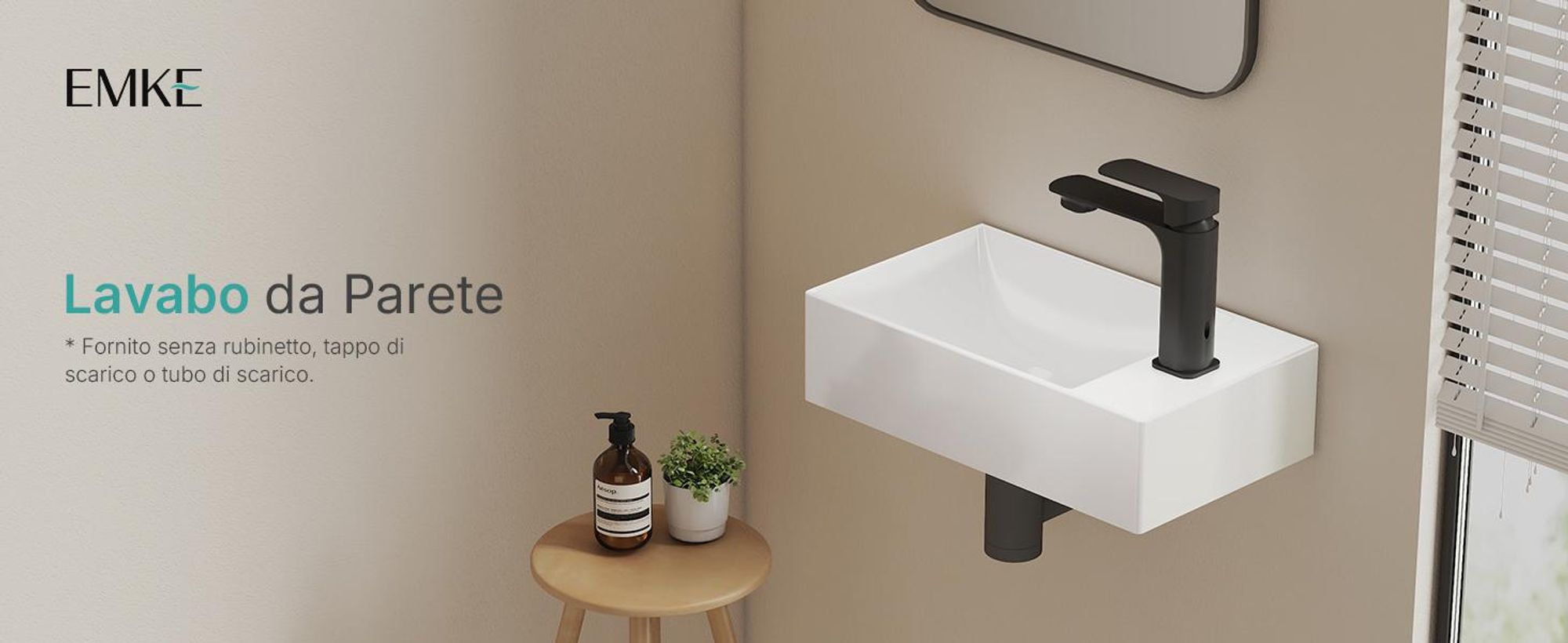 EMKE Lavabo sospeso in ceramica Rettangolare 380x220mm Bianco Lucido Lavabo salvaspazio per WC ospiti e piccoli bagni