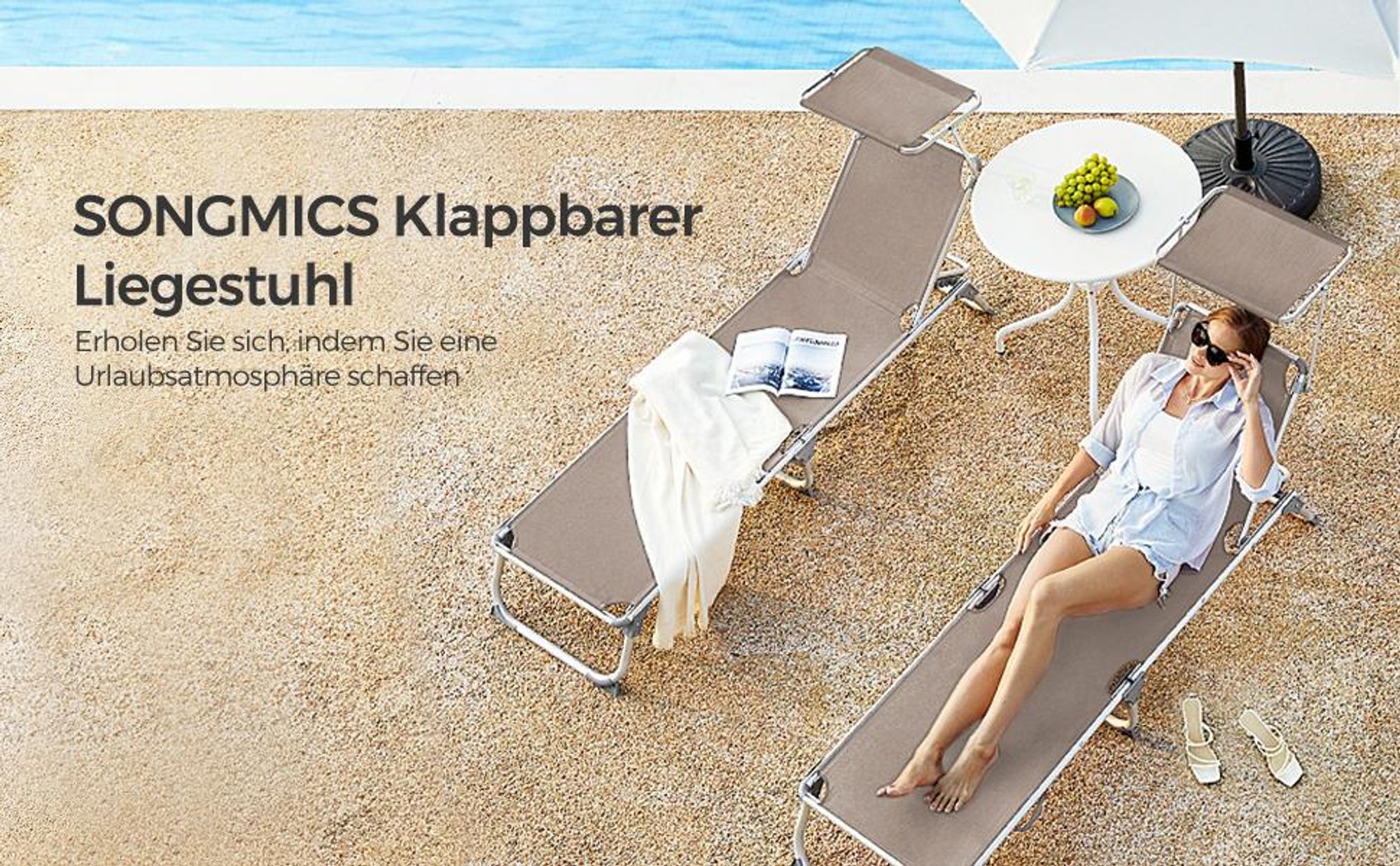 SONGMICS Gartenliege, klappbar 193 x 55 x 31 cm verstellbar taupe