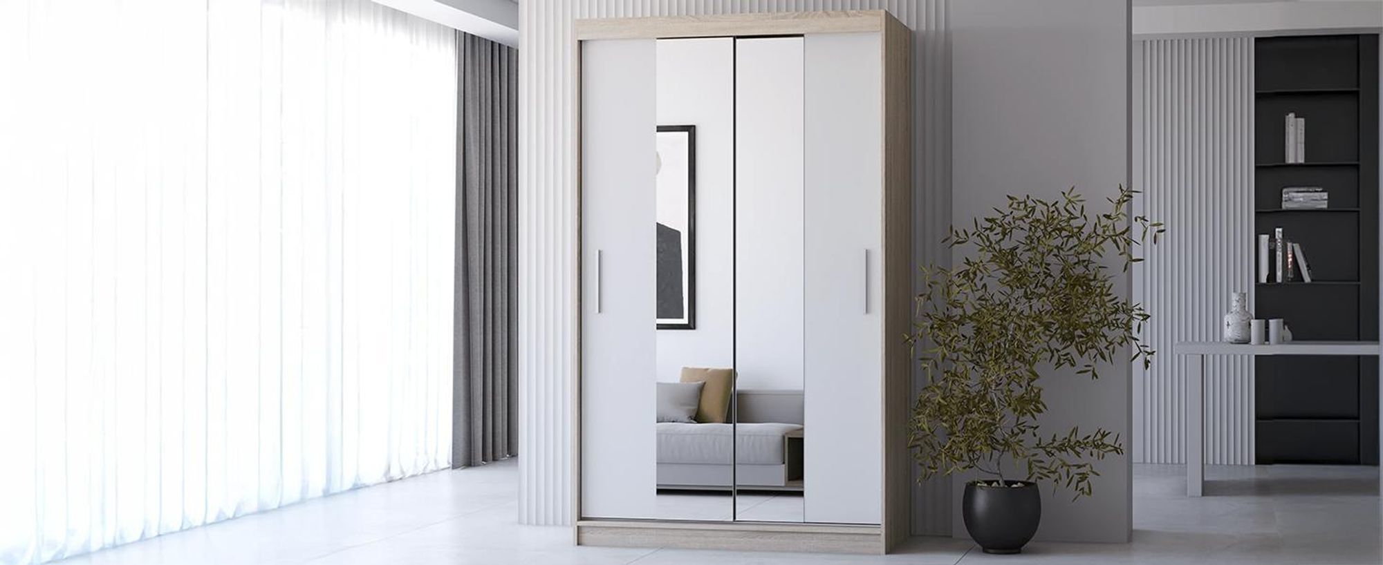 Schwebetürenschrank Kleiderschrank 120cm Sonoma/Weiß mit Spiegeln Neomi 01