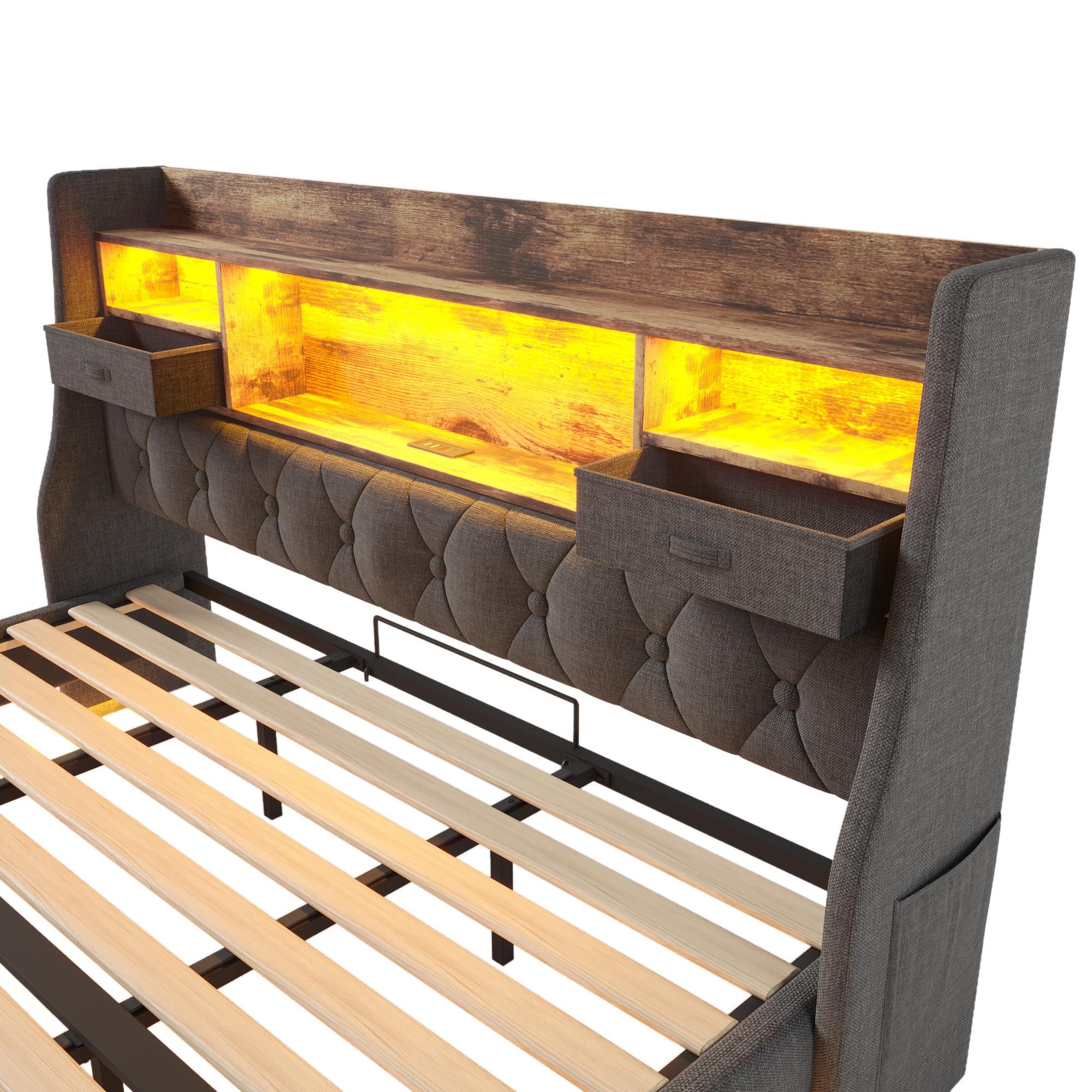 Flieks Polsterbett 140x200cm mit USb & Type-c, Doppelbett Jugendbett mit Led, Holzbett Stauraumbett mit Ablagen und Schubladen, Leinen, Grau