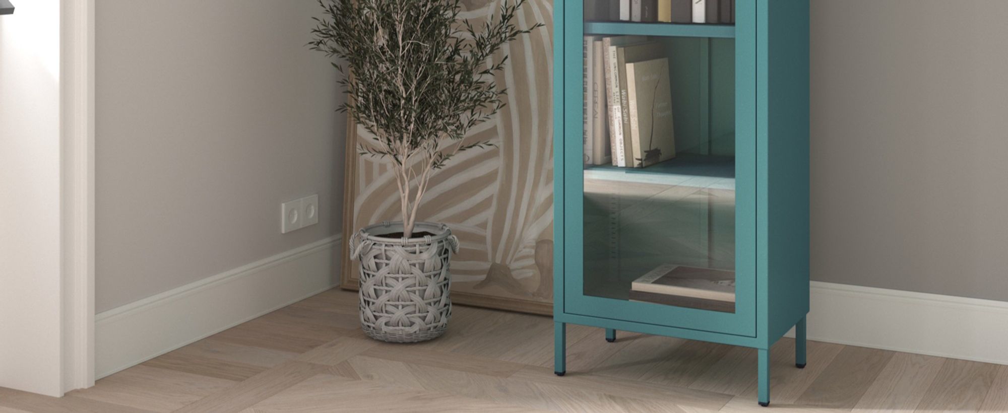 Vitrinenschrank Bücherschrank mit 4 Fachböden Vitrine Glitzernd Metall Meeresgrün