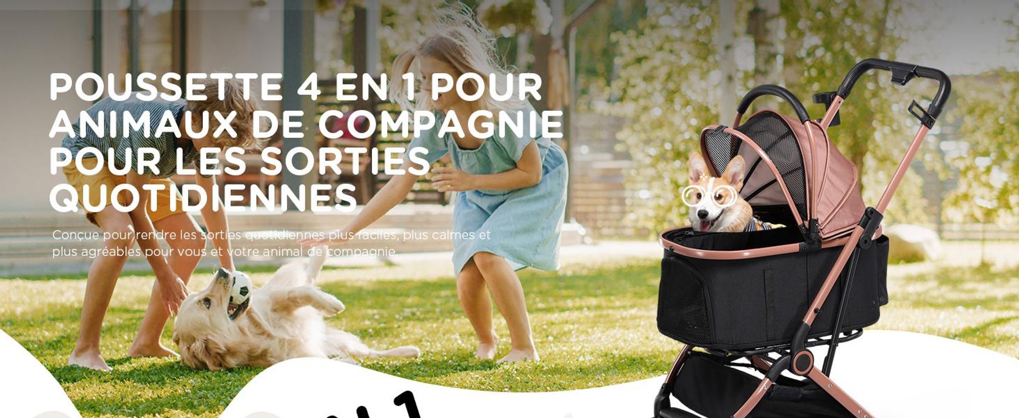 Poussette pour chien COMHOMA pliable jusqu'à 25 kg, roue avant pivotante à 360° en EVA et freins arrière, poussette pour chien 4 en 1, poussette pliable pour chat, couleur or rose