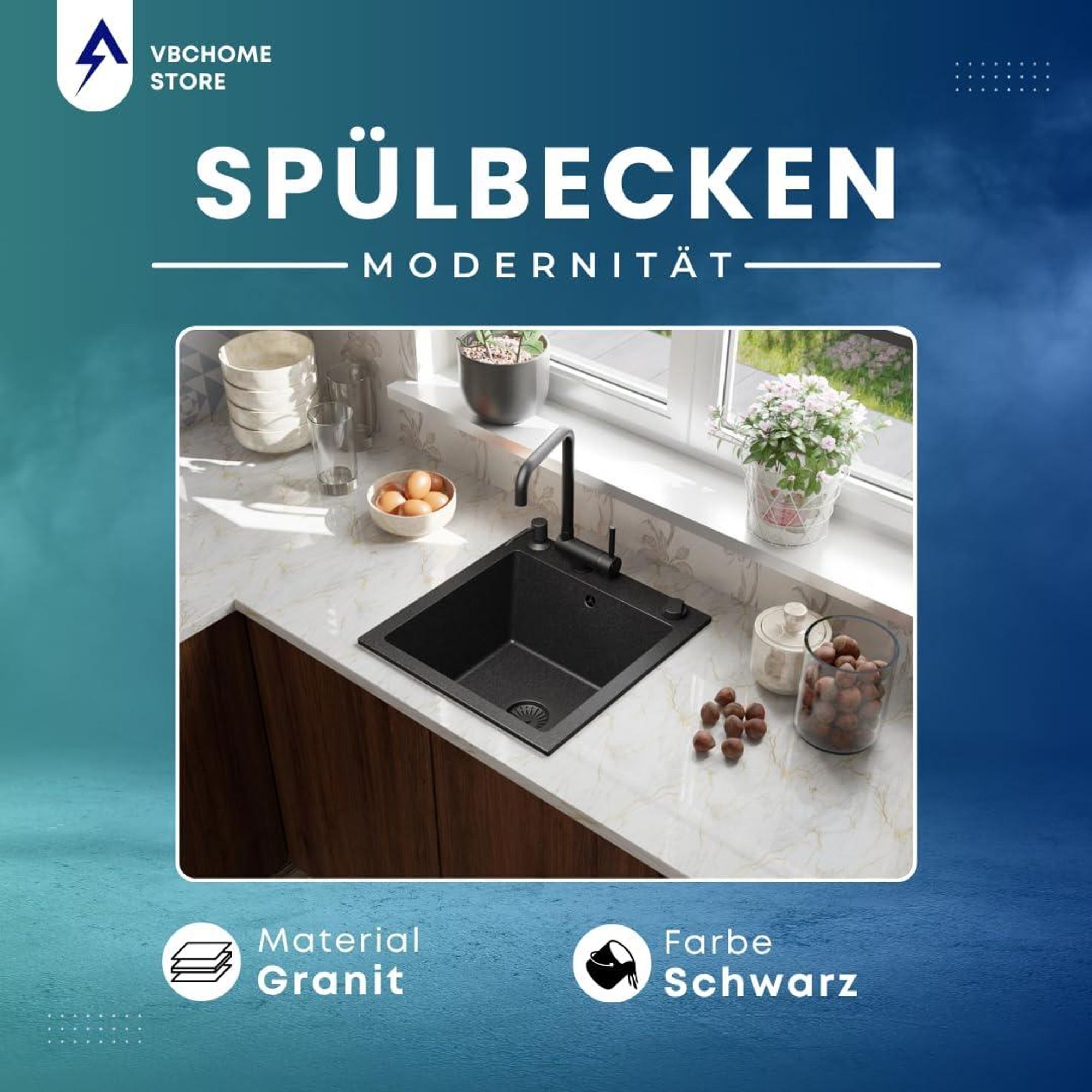 VBChome Granitspüle 50 x 48 cm Schwarz mit Armatur Einzelbecken Einbauspüle Gesprenkelt Pflegeleichtes Spülbecken mit Siphon Ideal für kleine Küchen