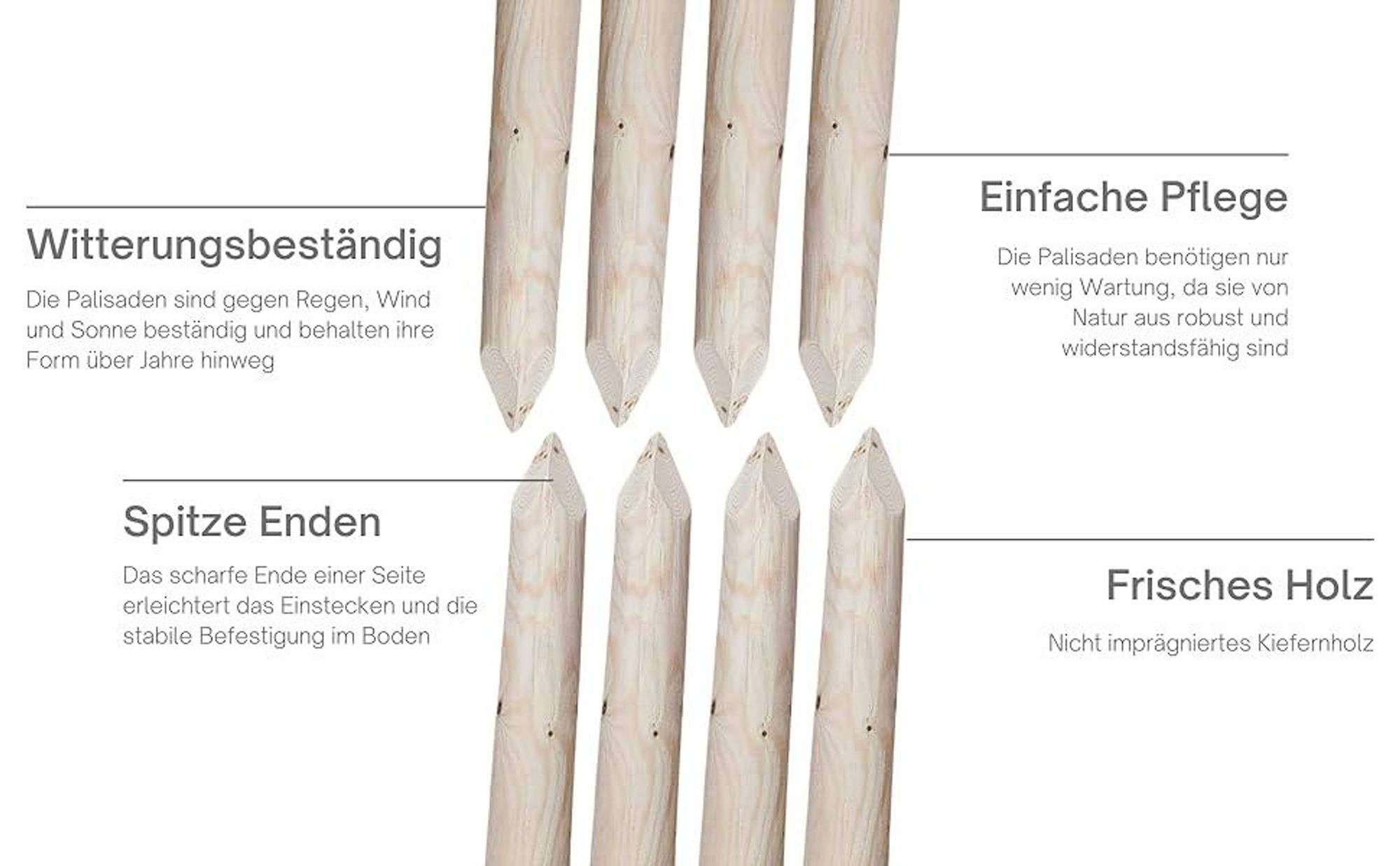TIMBERMIK ø 6cm 4-Pack Spitze Holzpalisaden Länge: 240 cm Holzpfähle Garten Palisade Holz Baumpfahl Zaunpfosten Witterungsbeständig Nicht Imprägniert
