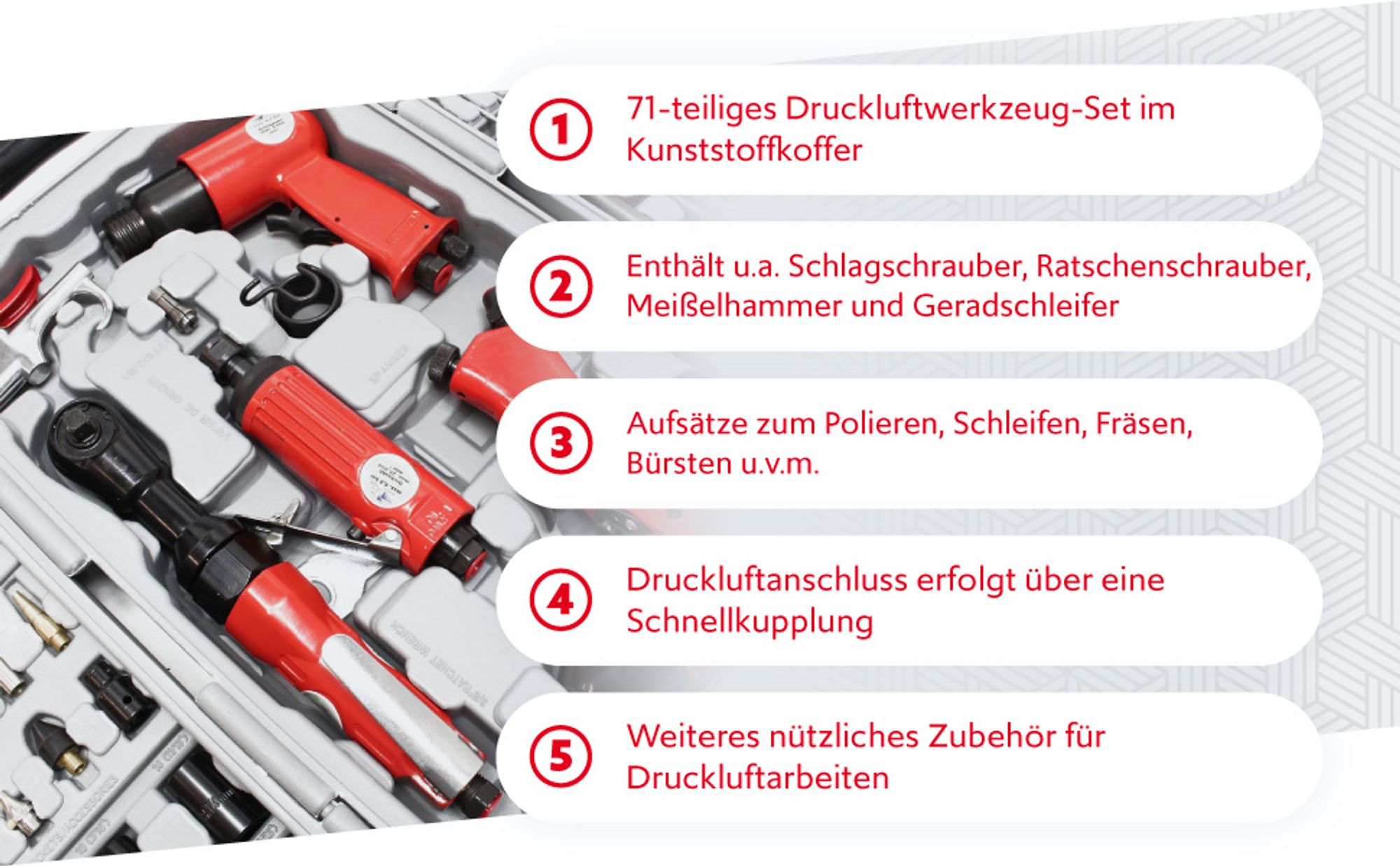 Wiltec Druckluftwerkzeug-Set 71tlg inklusive Druckluftpistole – vielseitiges Kompressor Zubehör mit Schlagschrauber