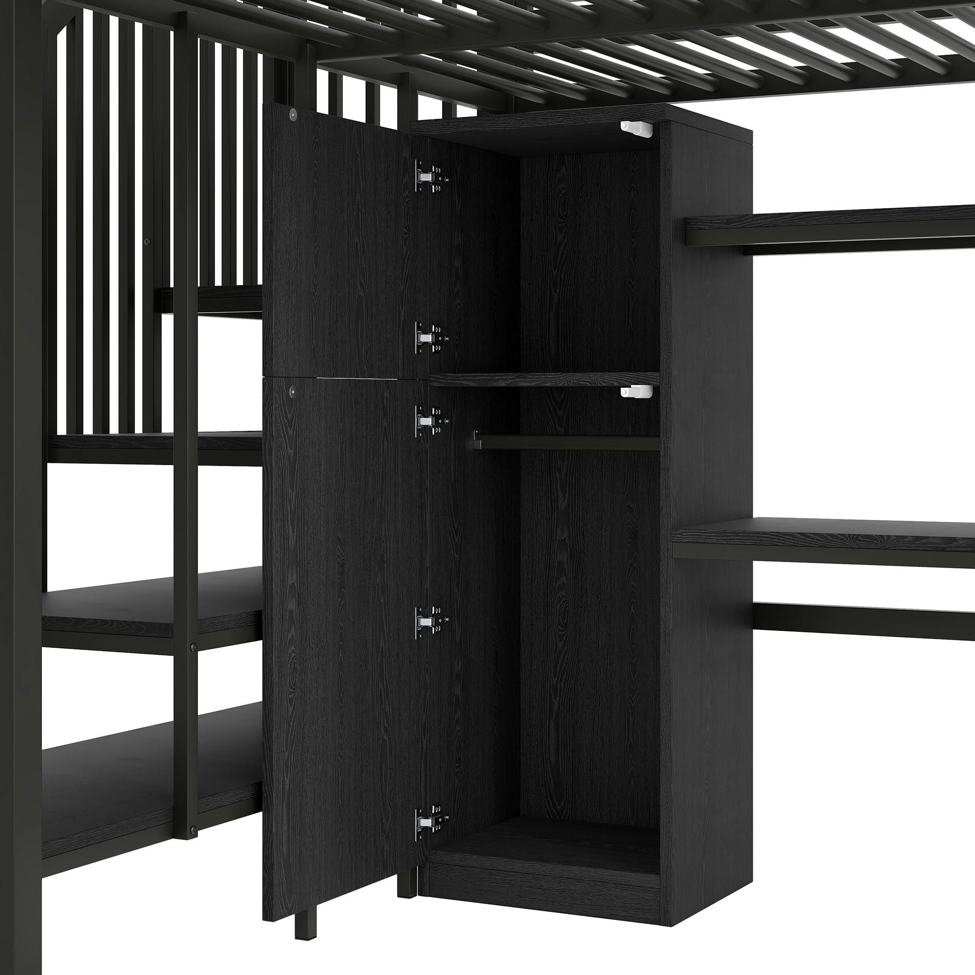 Merax Etagenbett Hochbett 140x200, mit Schreibtisch, Regal, Kleiderschrank, Stauraumtreppe, Eisenbett, Stockbett, Jugendbett, Einzelbett, Schwarz
