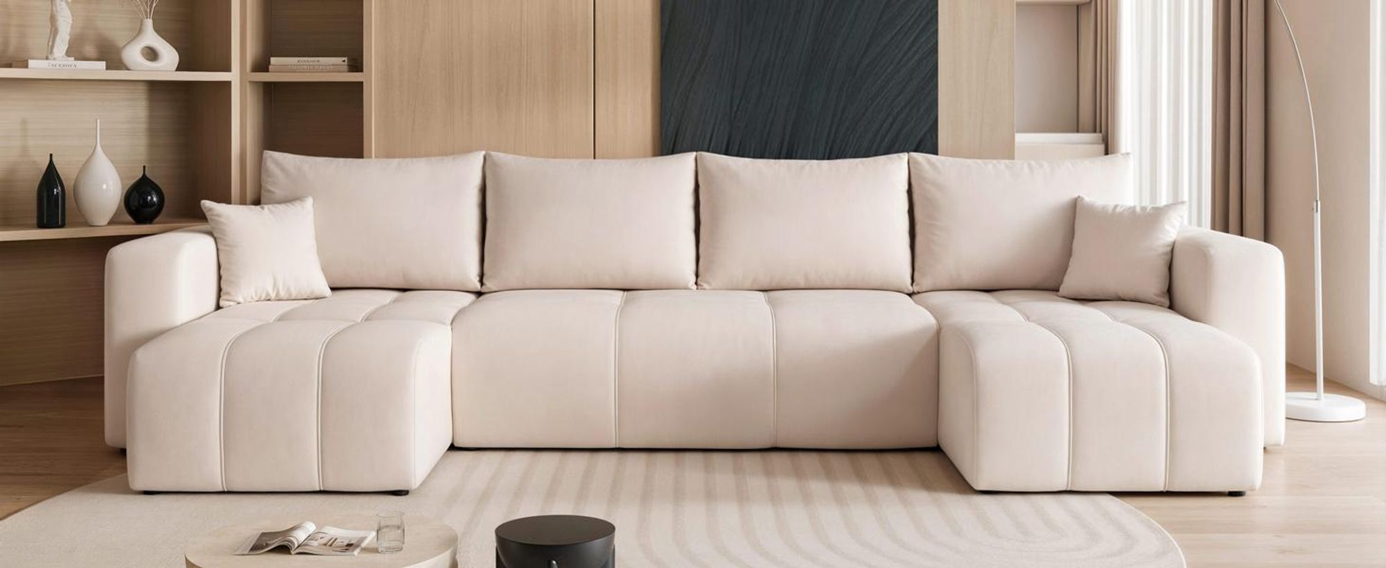 Idohome – modernes U-förmiges Ecksofa mit Schlaffunktion und Steppung, Couchgarnitur, Sofa, Bettcouch, PEDRO U - Farbe Creme Manila 01