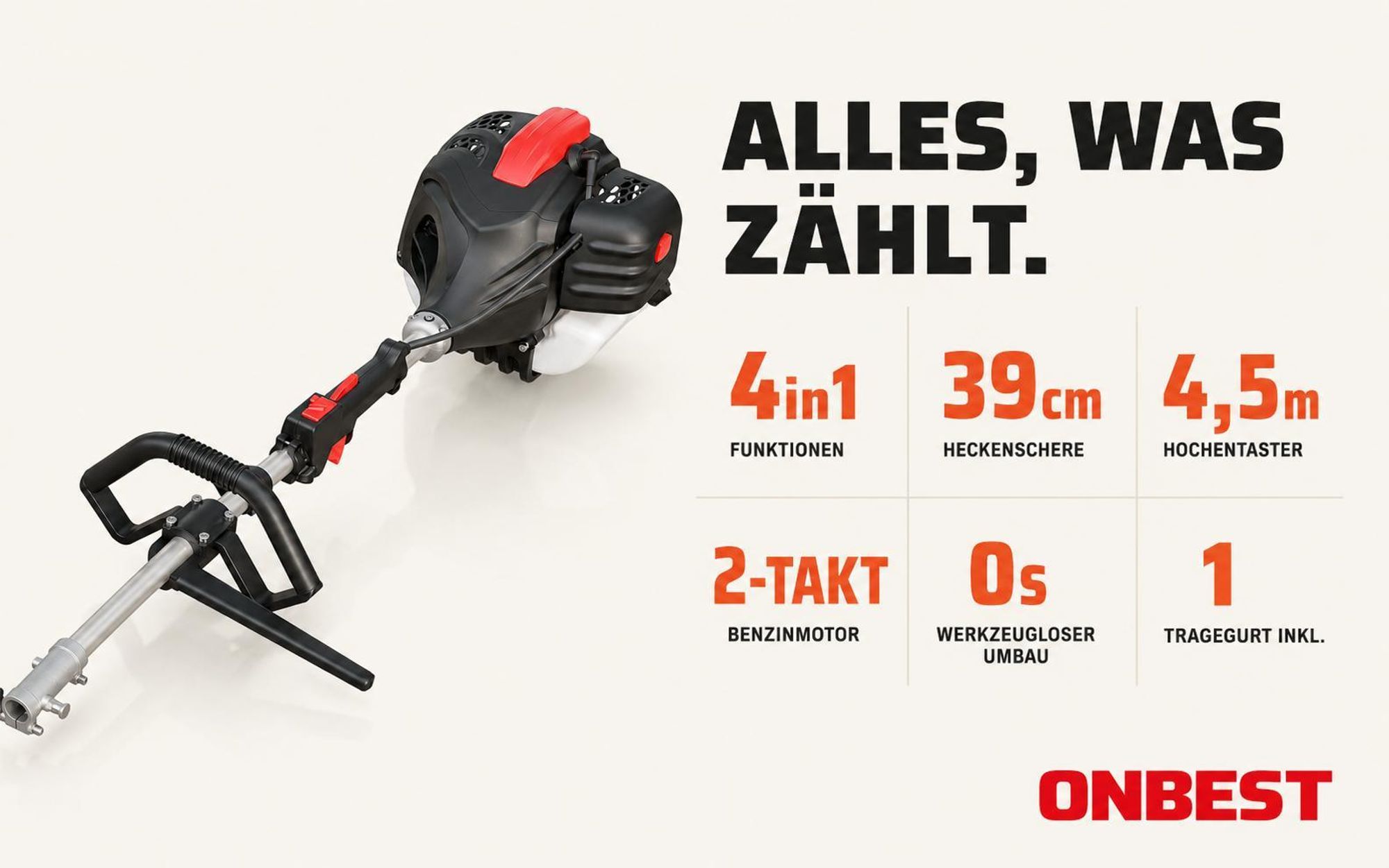 ONBEST MT1452 Multitool Benzin | 4in1 | bis 4,5m | 52cm³ | 1,9 PS | 10000 U/min | Freischneider | Heckenschere | Hochentaster | Rasentrimmer