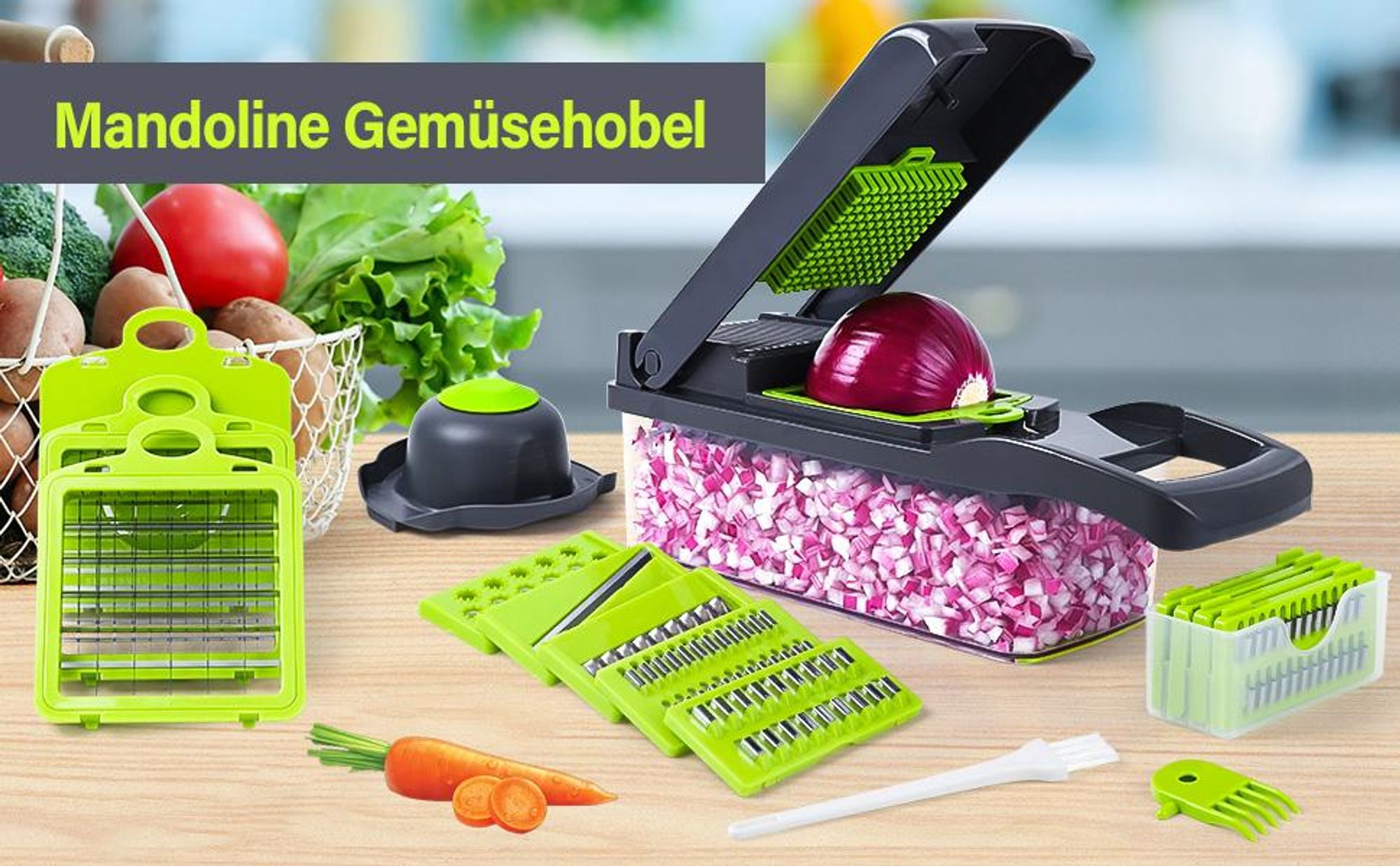 Gemüseschneider, 16 in 1 Edelstahl Gemüse Schneider, Mandoline Gemüsehobel, Würfelschneider mit 7 Austauschbare Klingen