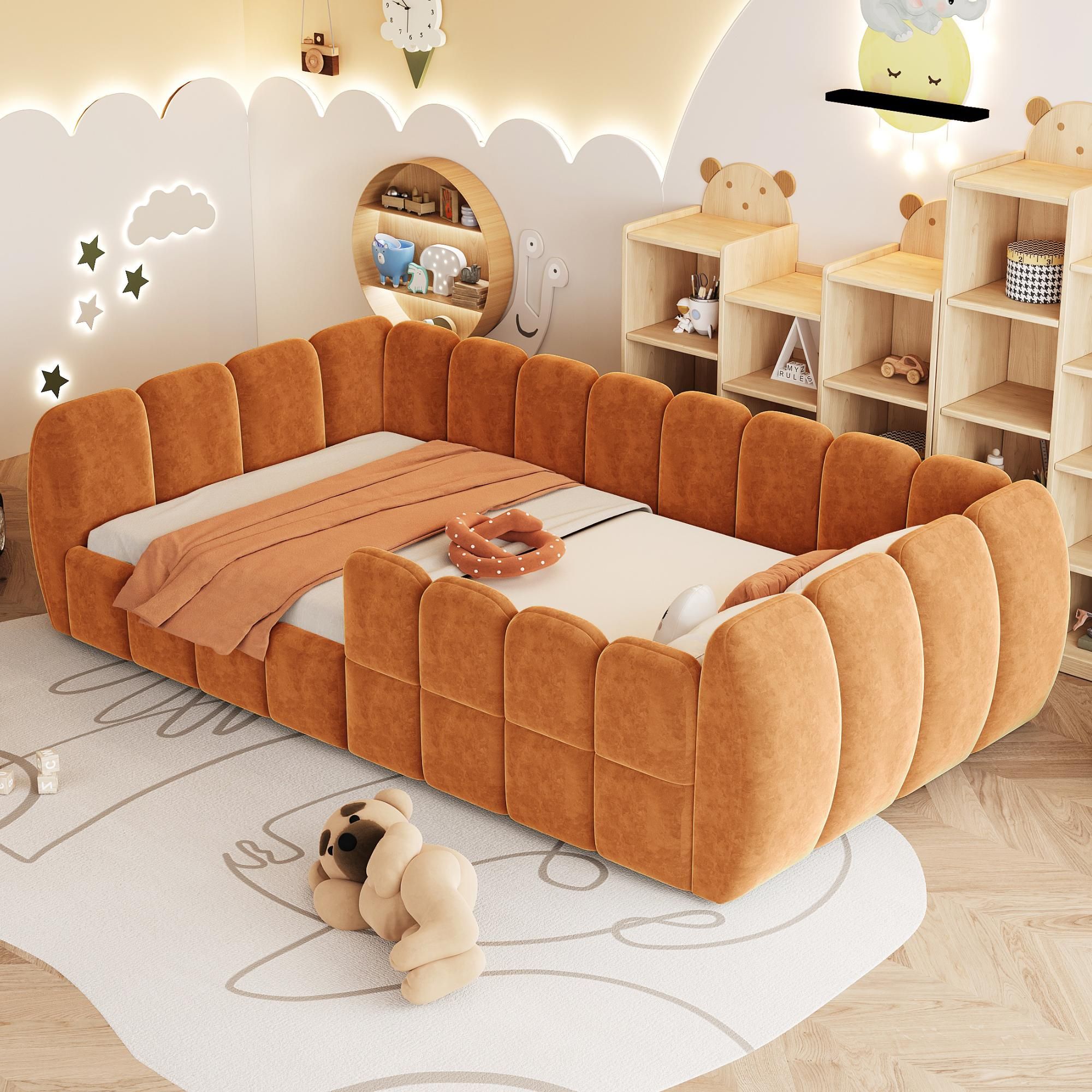 Merax Gepolstertes Kinderbett Bodenbett 90x200cm, Samtbett mit geschlossenem Design und abgerundeten Ecken, Montessori Bett für Jugendliche, Orange