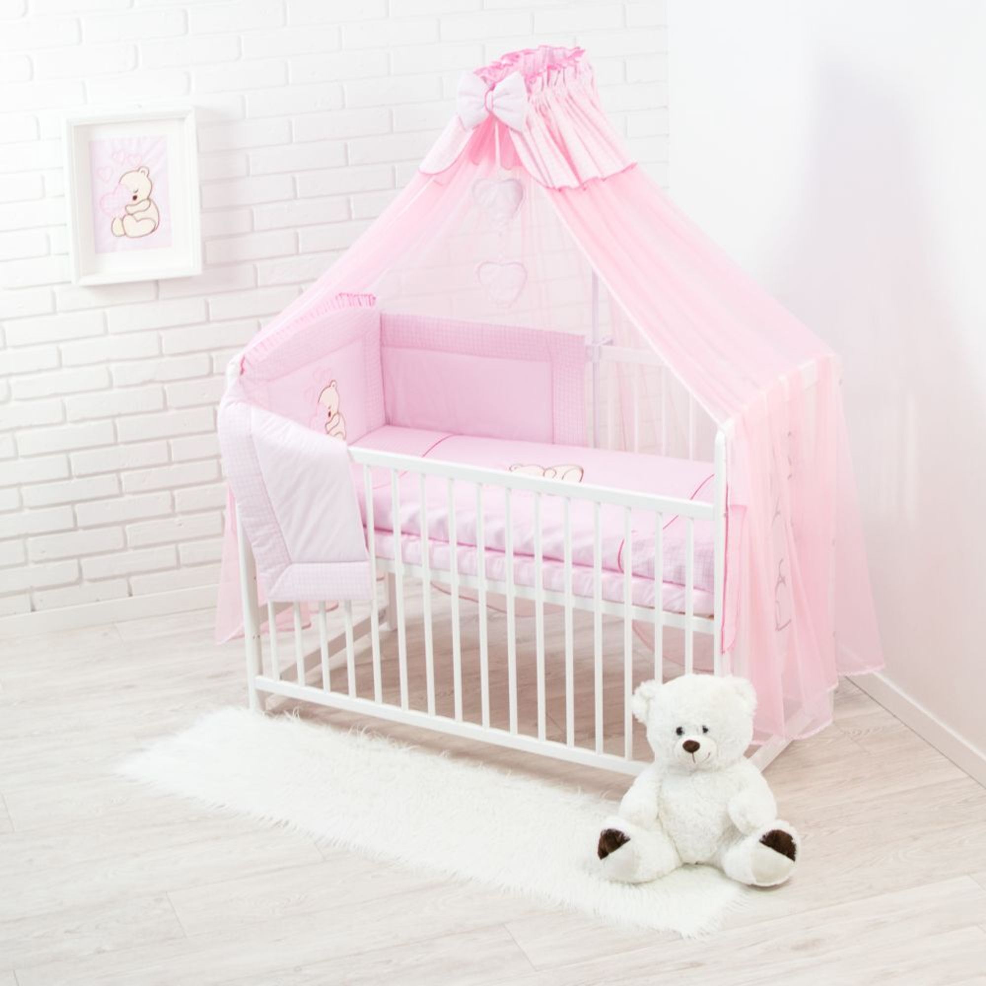 12 Teiliges Kinderbett Set mit Matratze Bettzeug und Zubehör - Teddybär mit Herz Rosa