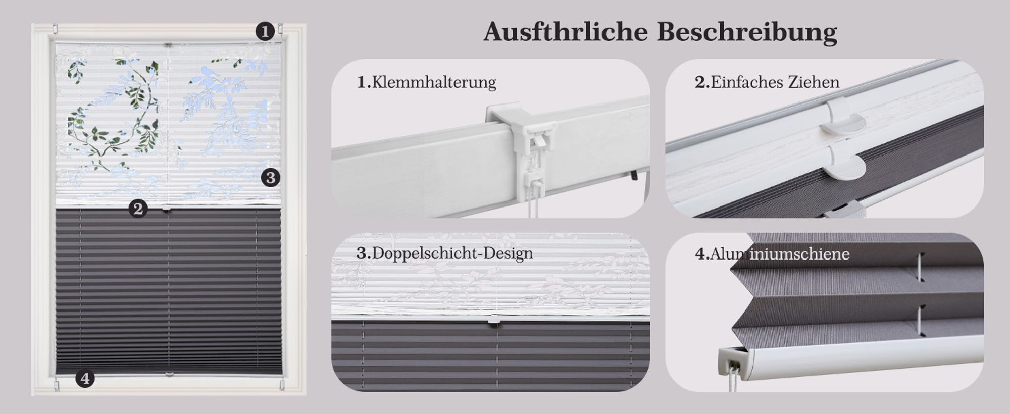Sekey Plissee 60×130 cm Faltrollo Klemmfix Ohne Bohren Fensterollo Verdunkelung Plisseerollo mit Lichtdurchlässig Ausbrenner-Muster Faltrollo Jalousie
