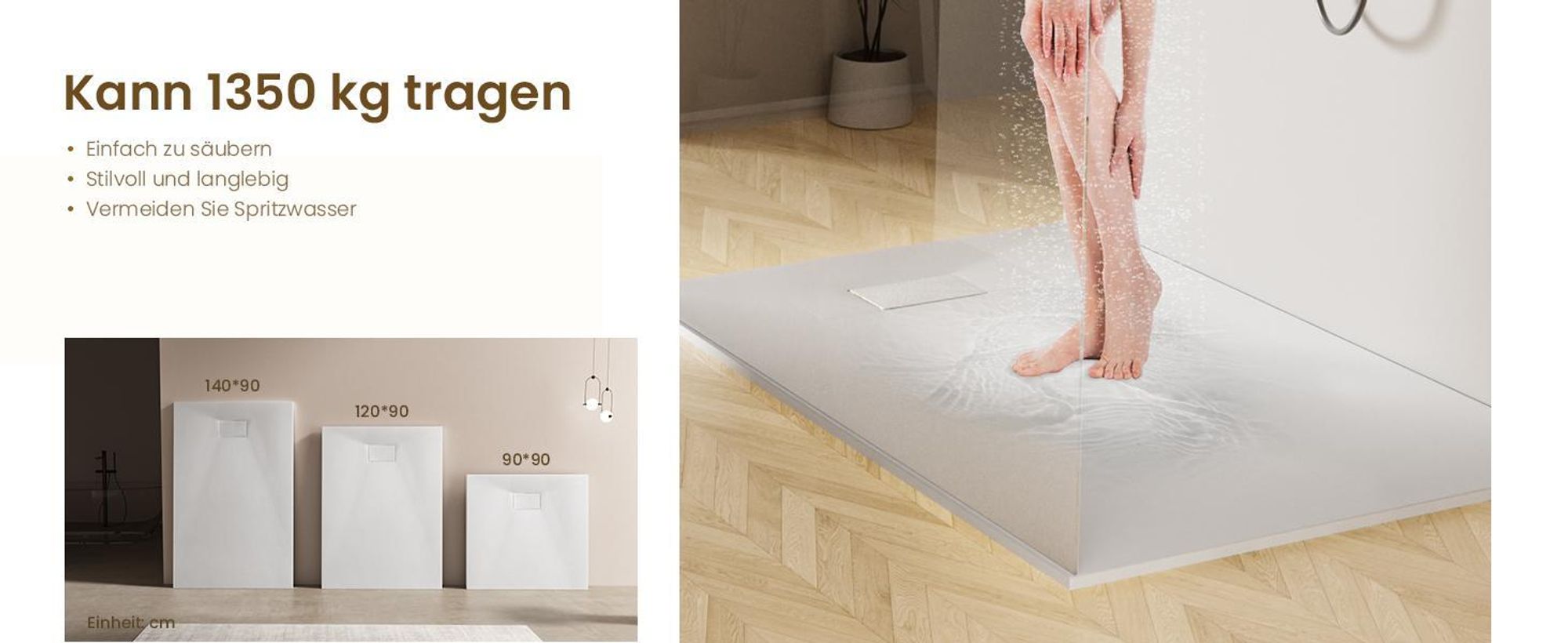 EMKE Duschwanne Flach Rechteckig 120x90cm Duschtasse mit Rutschfeste Struktur in Weißer Steinoptik
