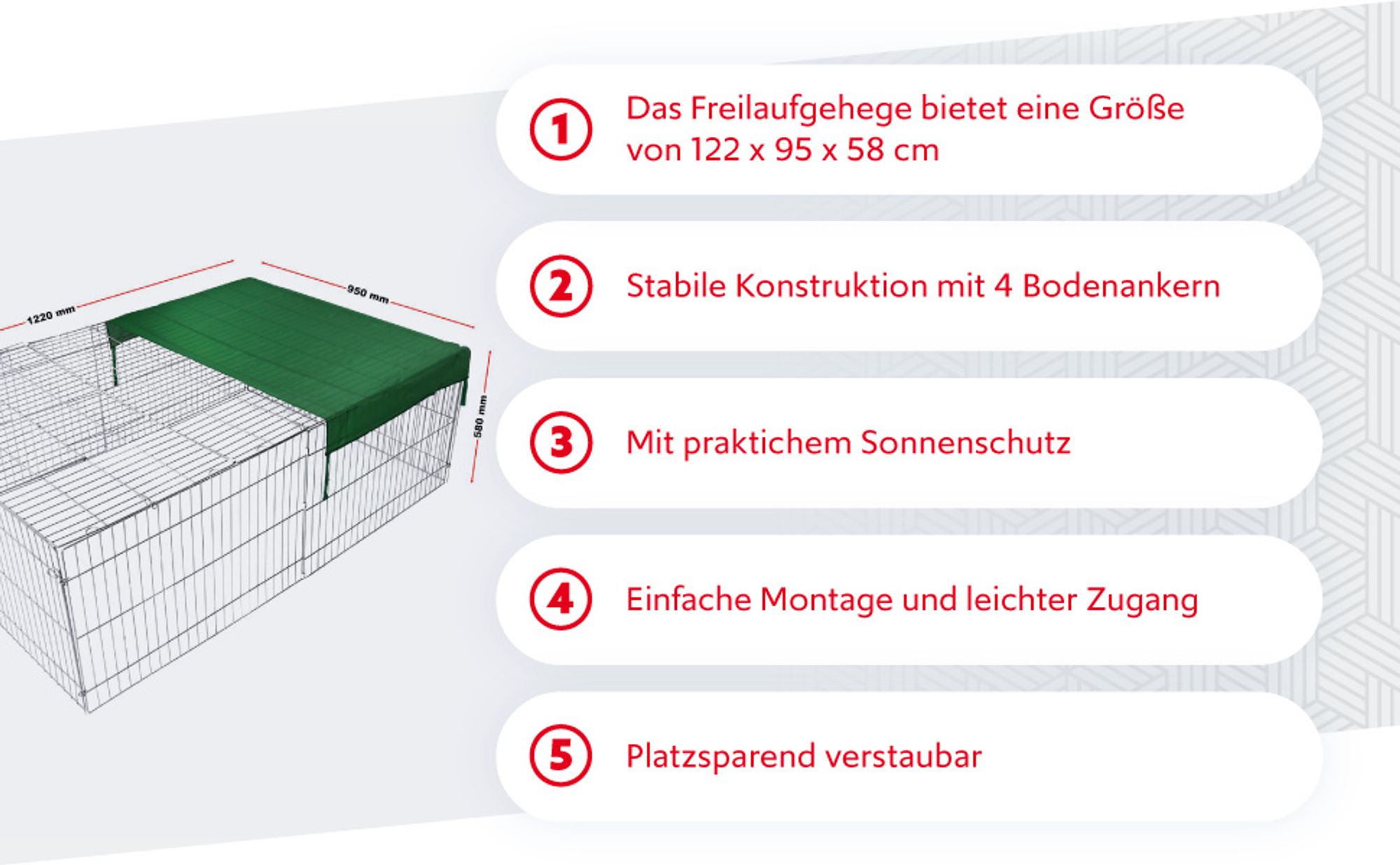 Wiltec Freilaufgehege für Kleintiere, 122 x 95 x 58 cm, stabiles und sicheres Laufstallgitter mit Sonnenschutz und 1 Öffnung