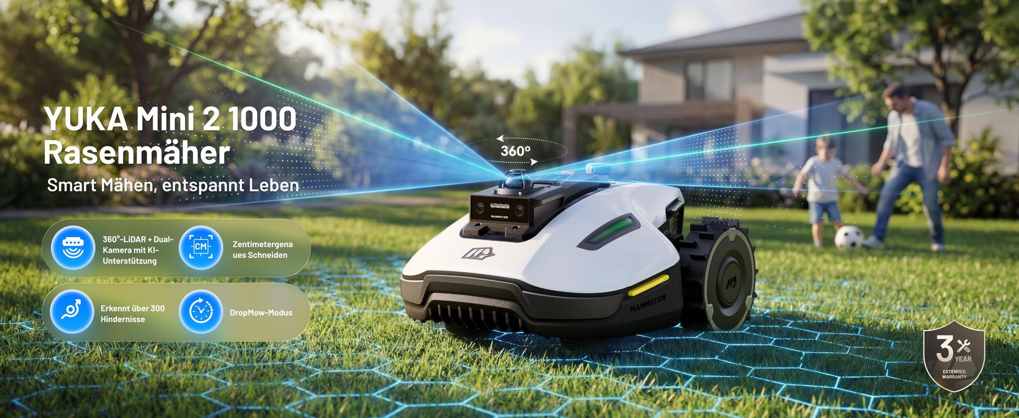 Mähroboter Mammotion YUKA Mini 2 1000 mit Garage, ohne Kabel, bis zu 1000m², 360° LiDAR + KI-Vision, DropMow, Auto-Kartierung, Kantenschneiden, APP