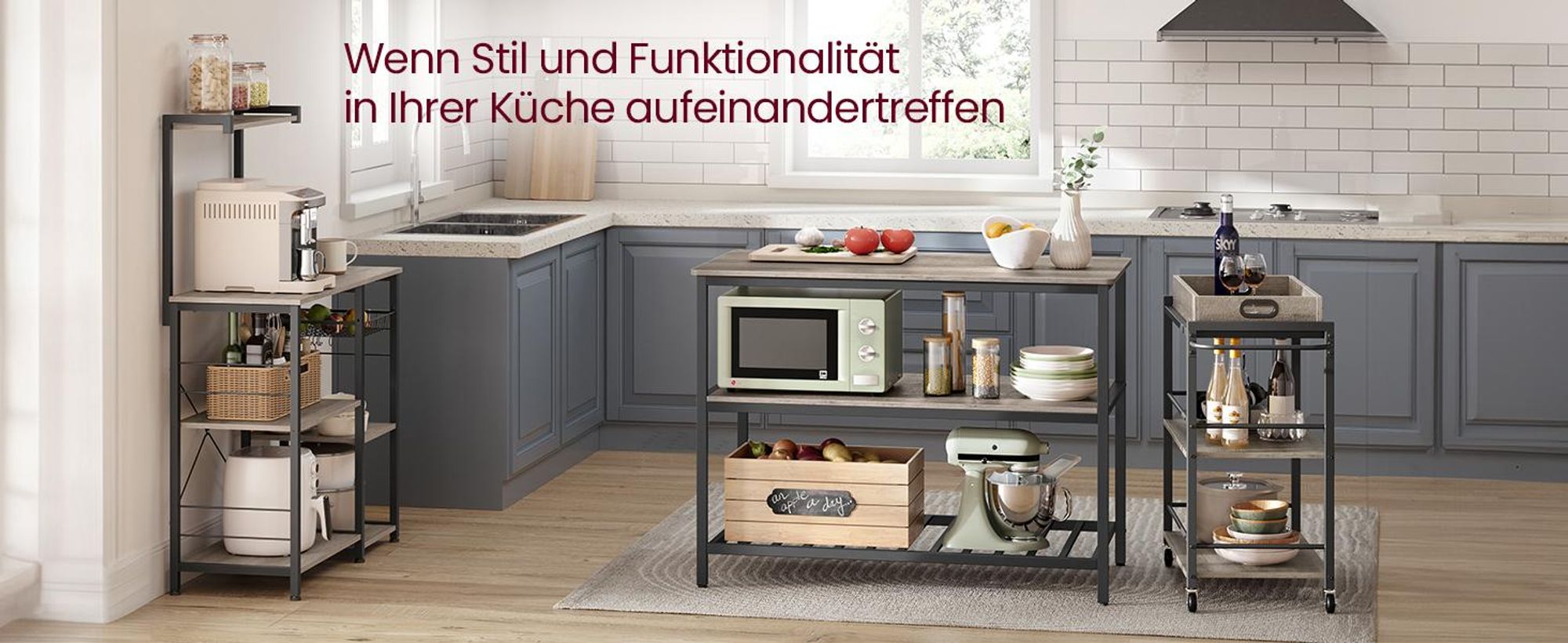 VASAGLE Küchenregal,120 x 60 x 90 cm, Kücheninsel, vintagebraun-schwarz