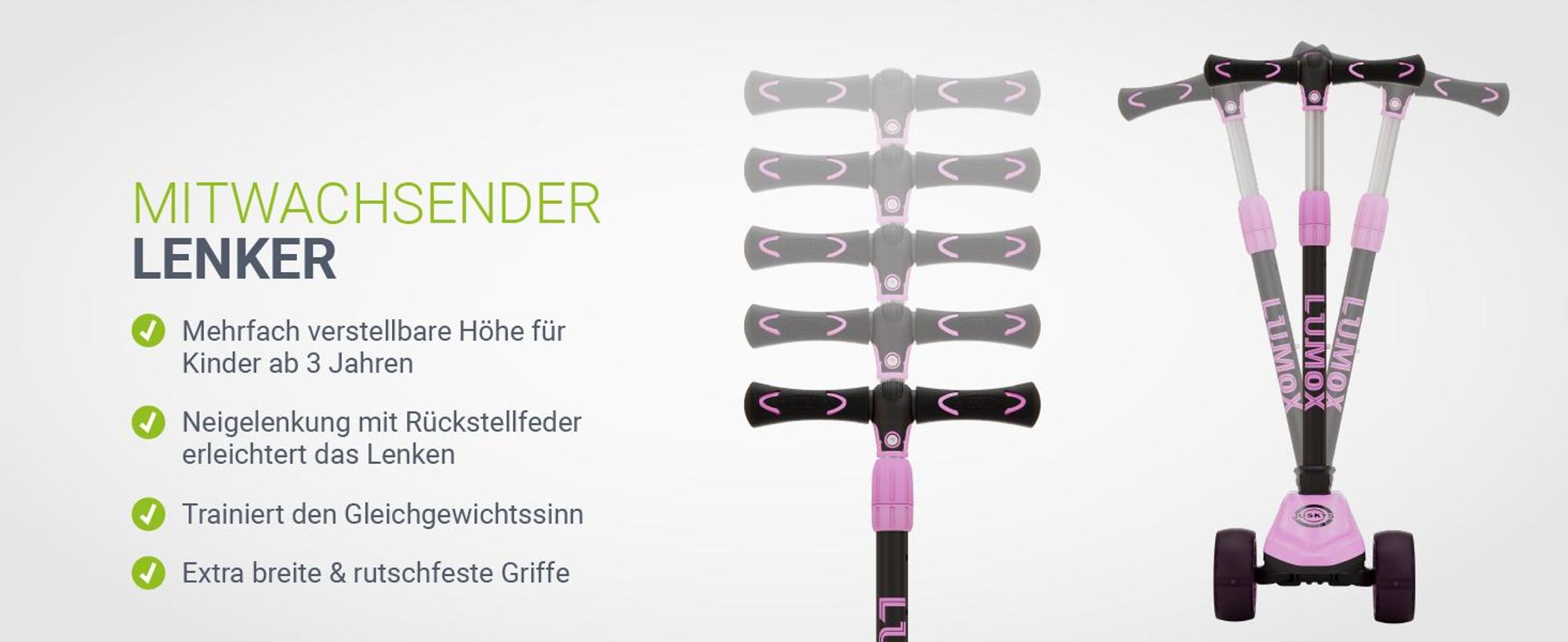 JUSKYS® Kinderroller Lumox - Rosa, LED Räder, höhenverstellbarer Kinderscooter